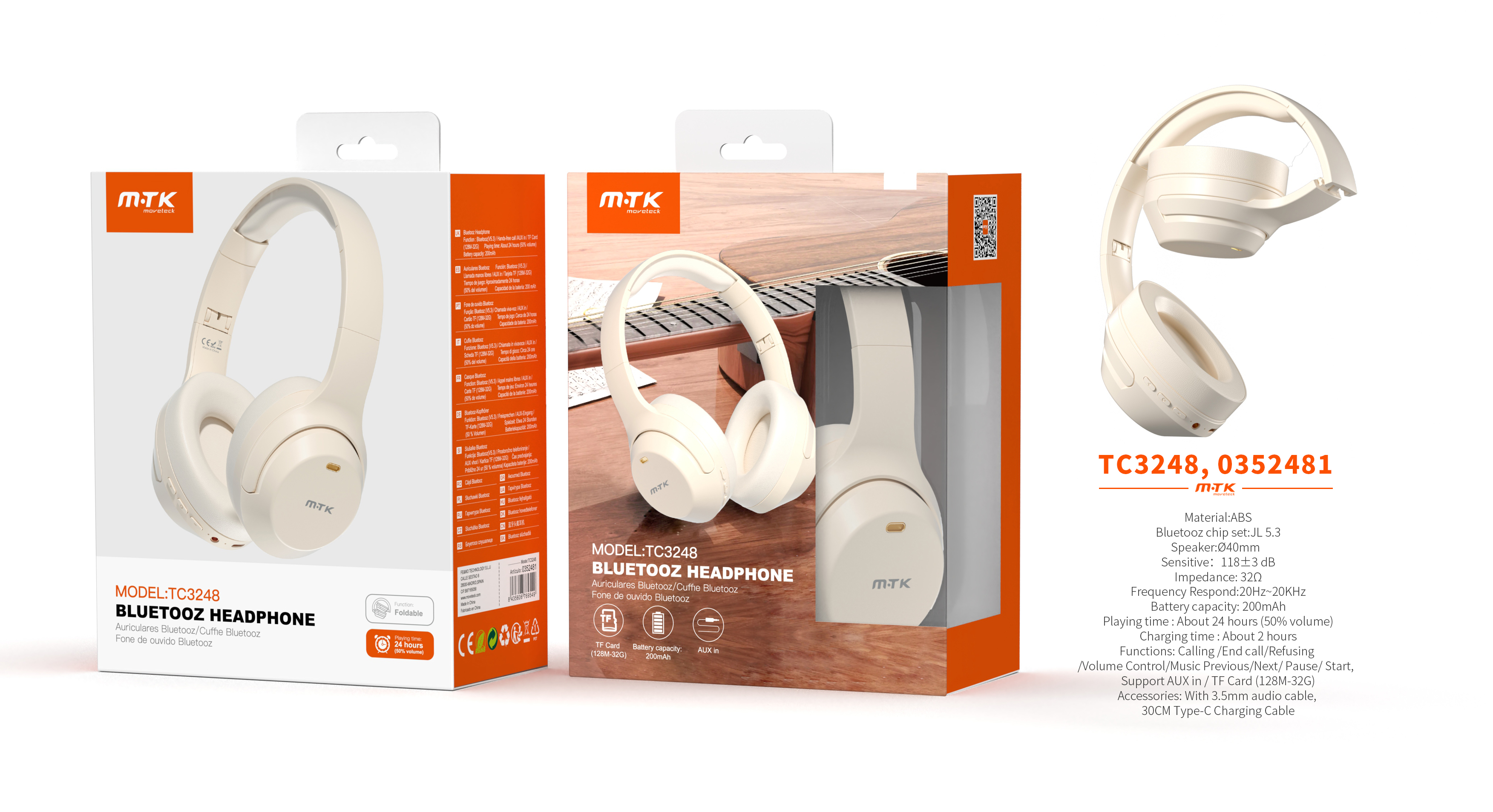 TC3248 PT Auriculares Casco Bluetooth 5.3 Plegable con microfono y Botones Multifunciones, Soporta A