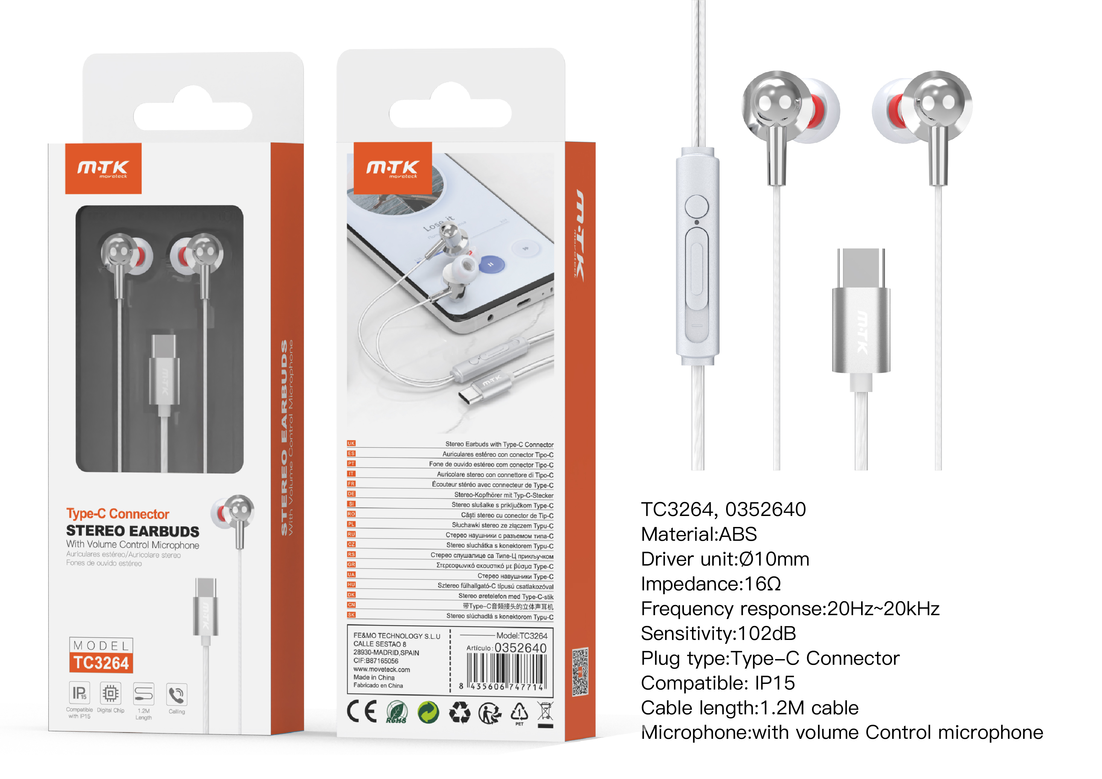 TC3264 BL+GR Auricular Type-C Bianca con microfono y boton de llamada, Cable 1.2m, Compatible con Ap