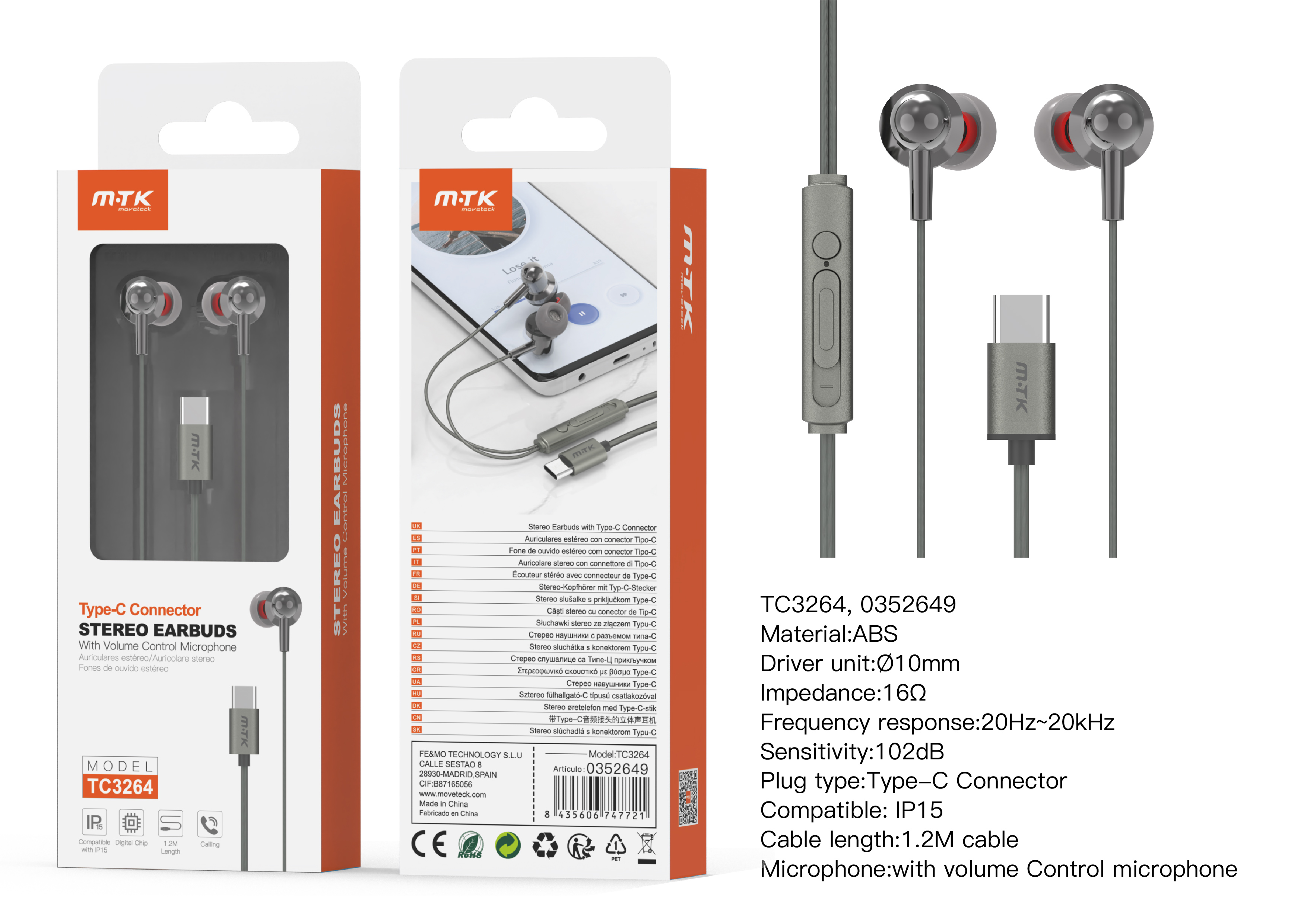 TC3264 VE+GR Auricular Type-C Bianca con microfono y boton de llamada, Cable 1.2m, Compatible con Ap