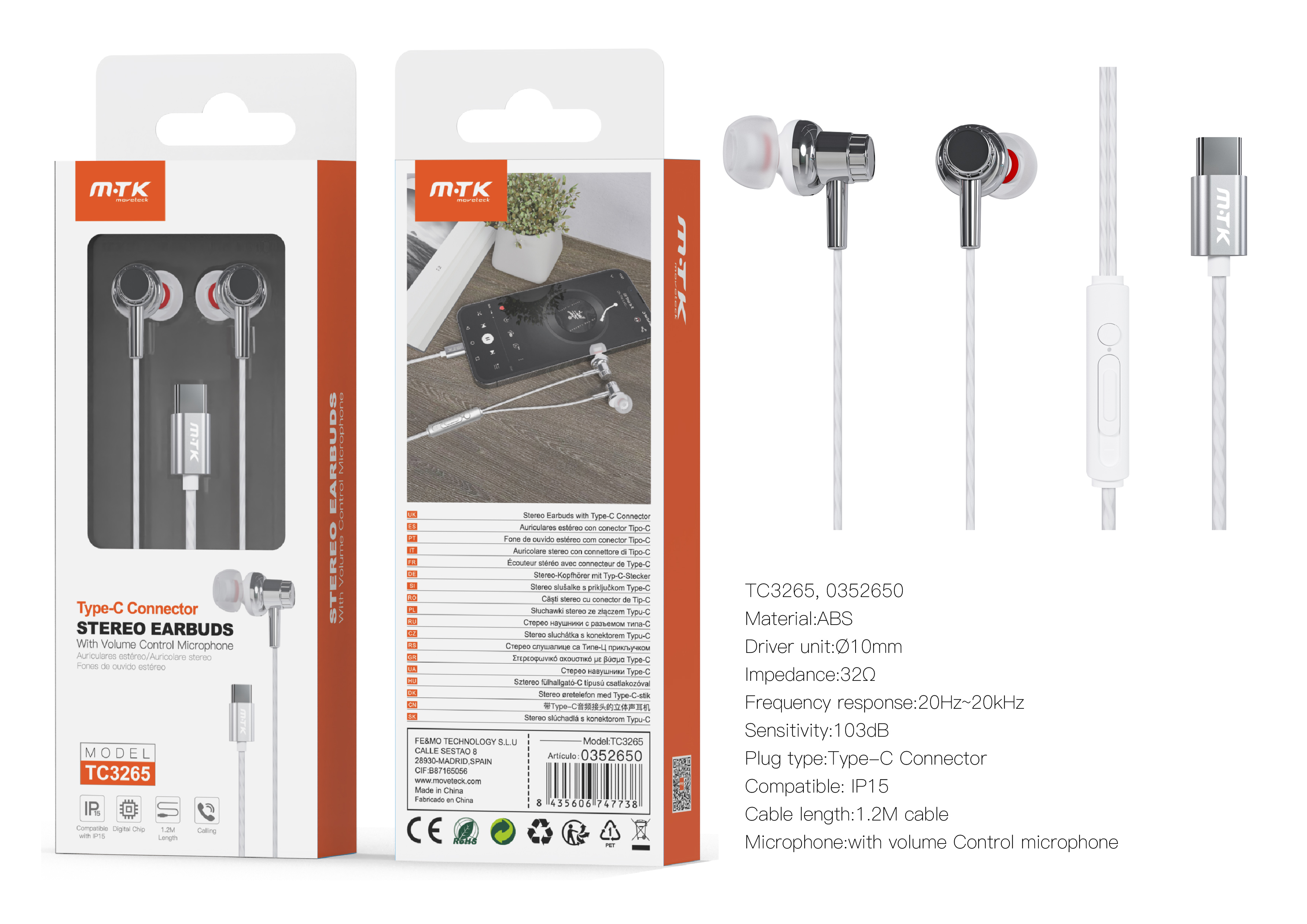 TC3265 BL+GR Auricular Type-C Chiara con microfono y boton de llamada, Cable 1.2m, Compatible con Ap