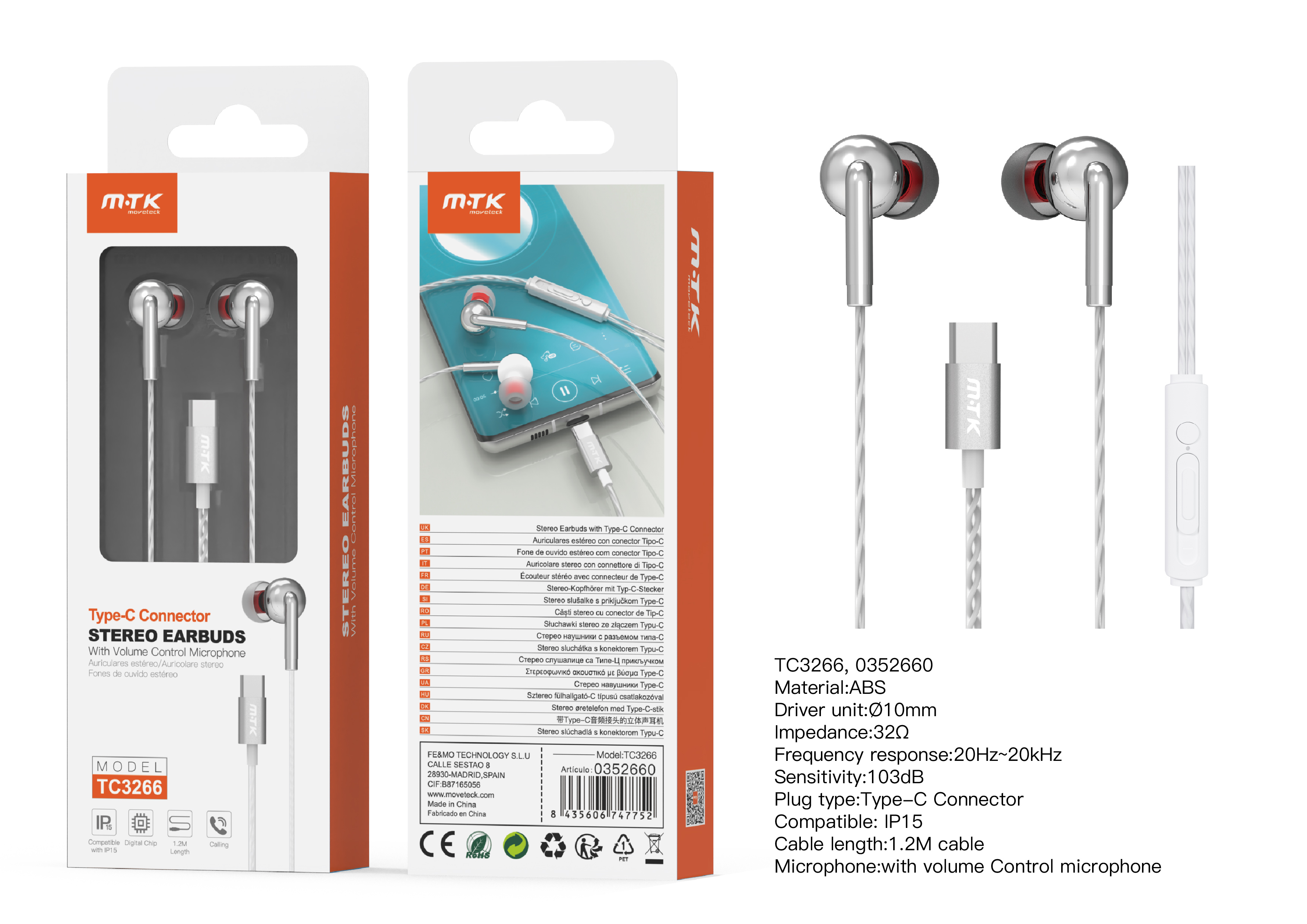 TC3266 BL+GR Auricular Giulia Type-C con microfono y boton de llamada, Cable 1.2m, Compatible con Ap