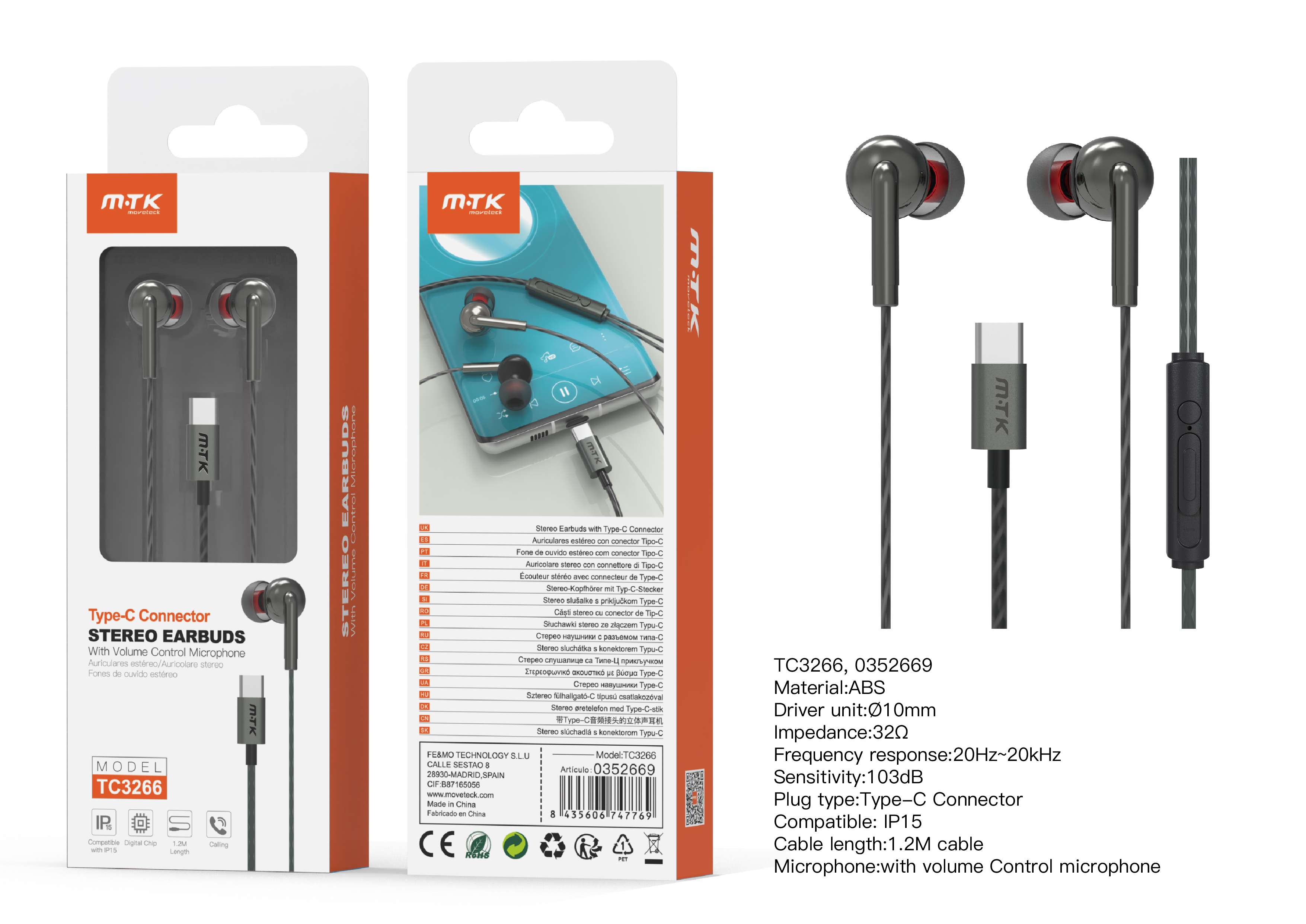 TC3266 VE+GR Auricular Giulia Type-C con microfono y boton de llamada, Cable 1.2m, Compatible con Ap