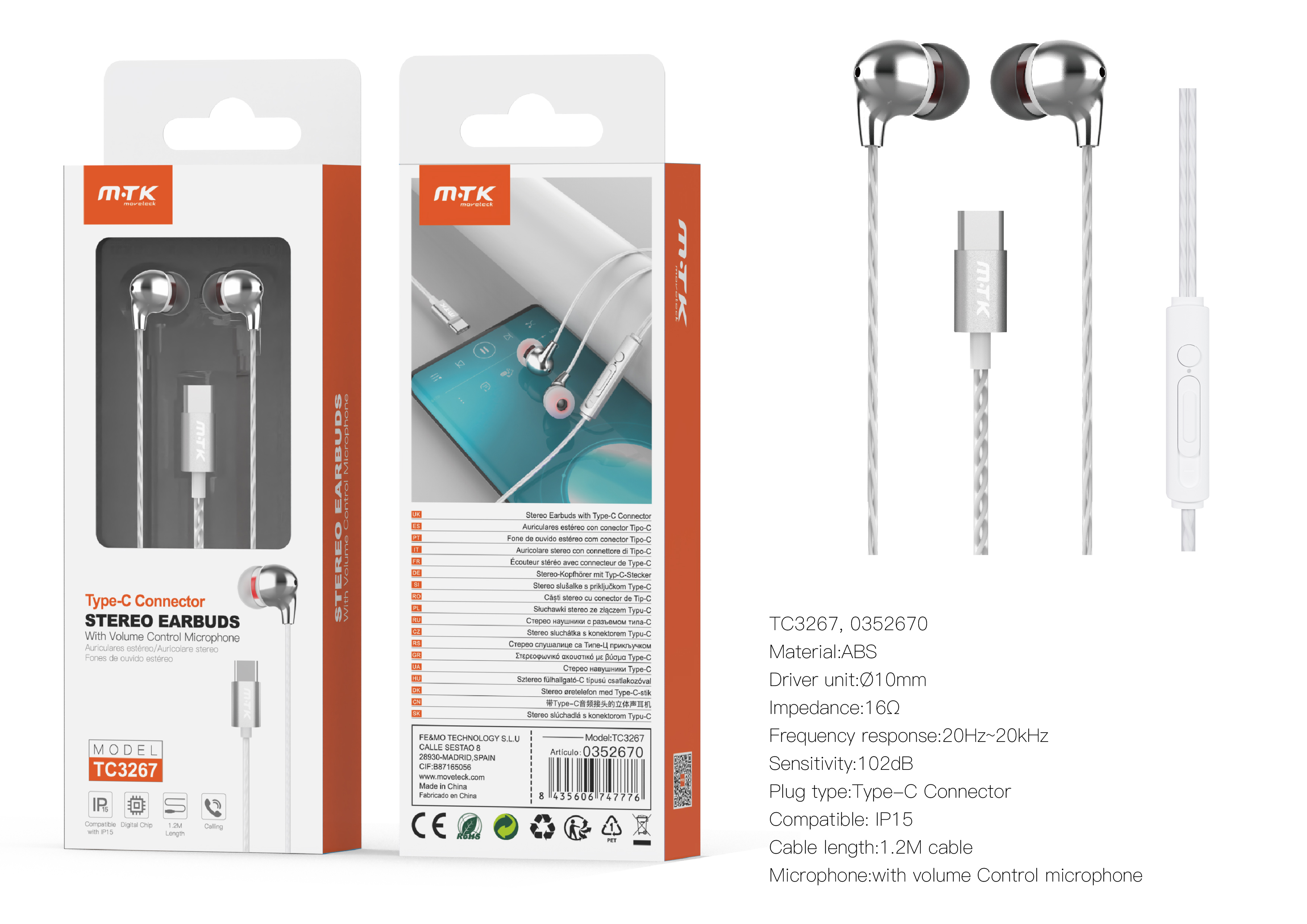 TC3267 BL+GR Auricular Type-C Bice con microfono y boton de llamada, Cable 1.2m, Compatible con Appl