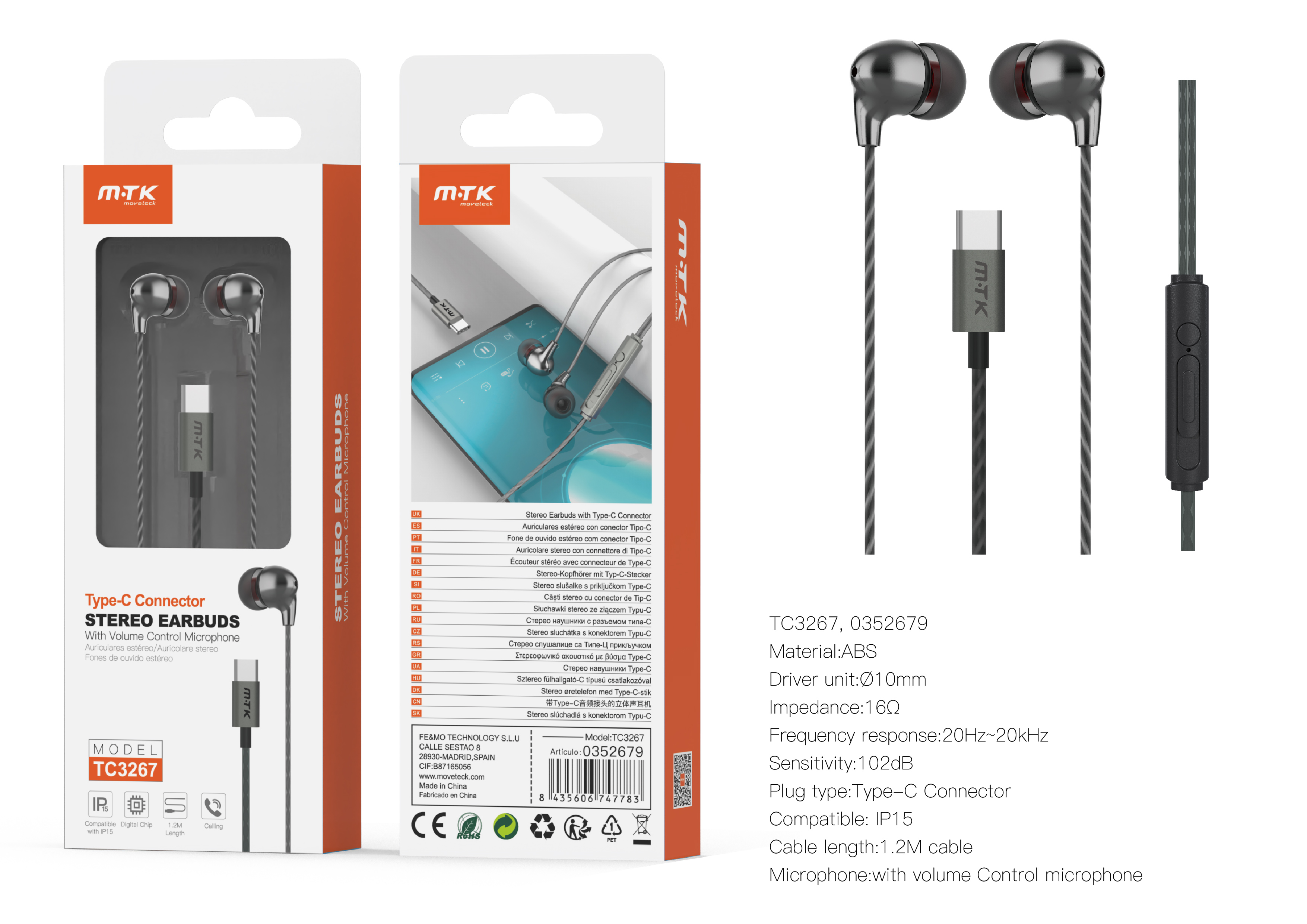 TC3267 VE+GR Auricular Type-C Bice con microfono y boton de llamada, Cable 1.2m, Compatible con Appl