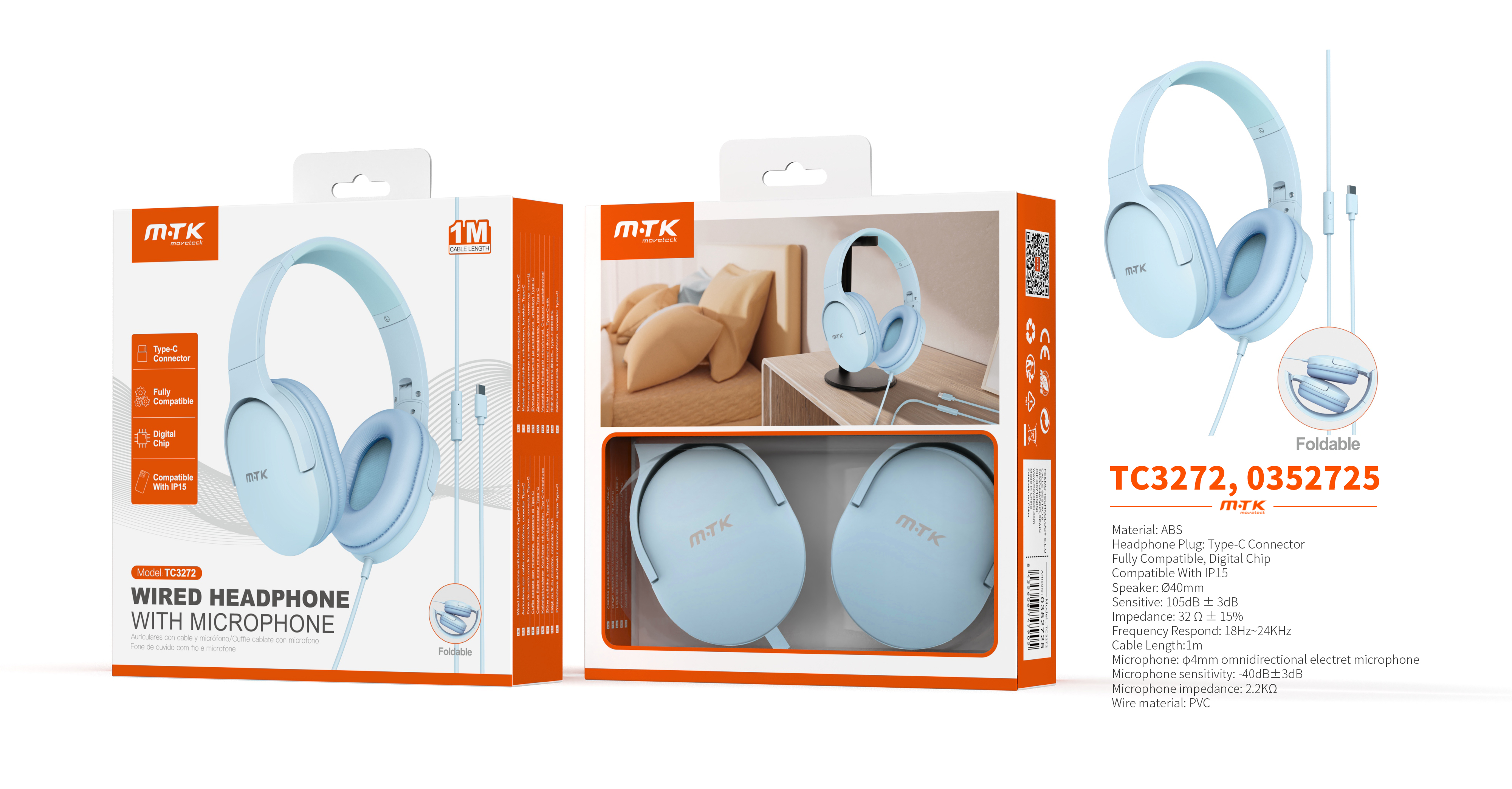 TC3272 AZ Auriculares Casco Zor plegable con Cable Type-C y microfono, Cable 1.2m,Soporta apple, Azu