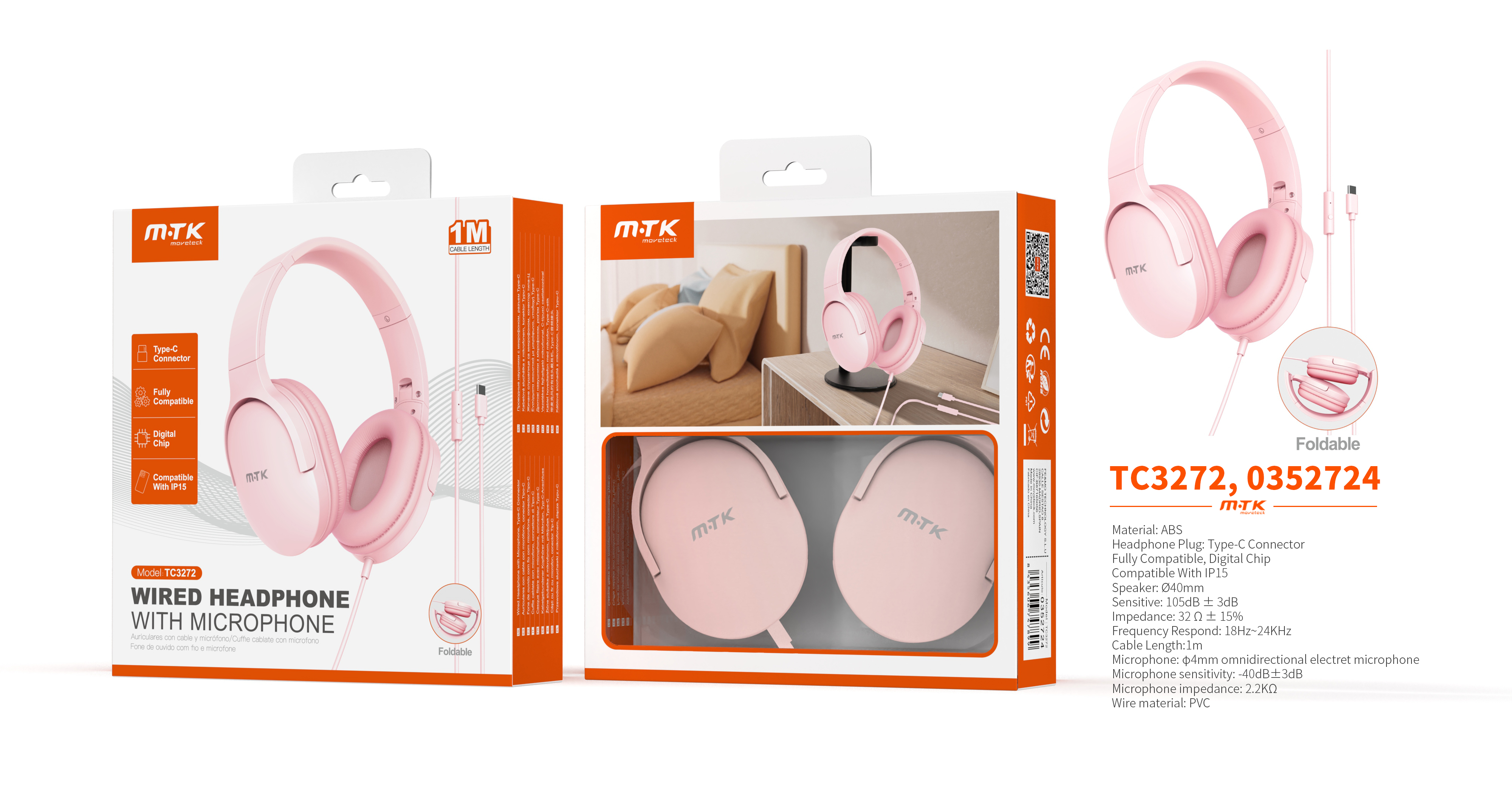 TC3272 RS Auriculares Casco Zor plegable con Cable Type-C y microfono, Cable 1.2m,Soporta apple, Ros