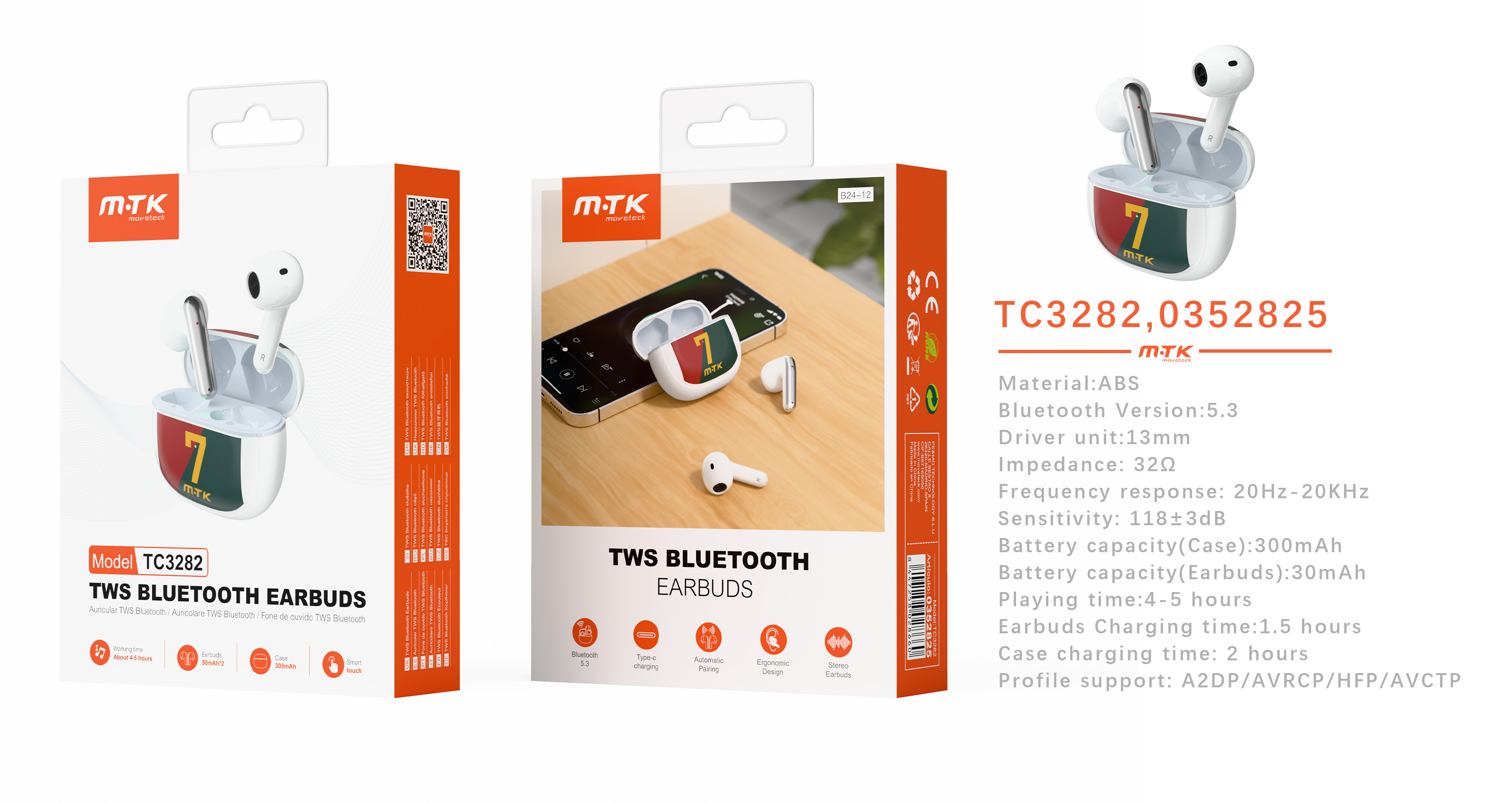 TC3282 Auriculares TWS Bluetooth 5.3, Bateria (30mAh*2)Con Estuche Recargable 300mAh,Diseno futbolis