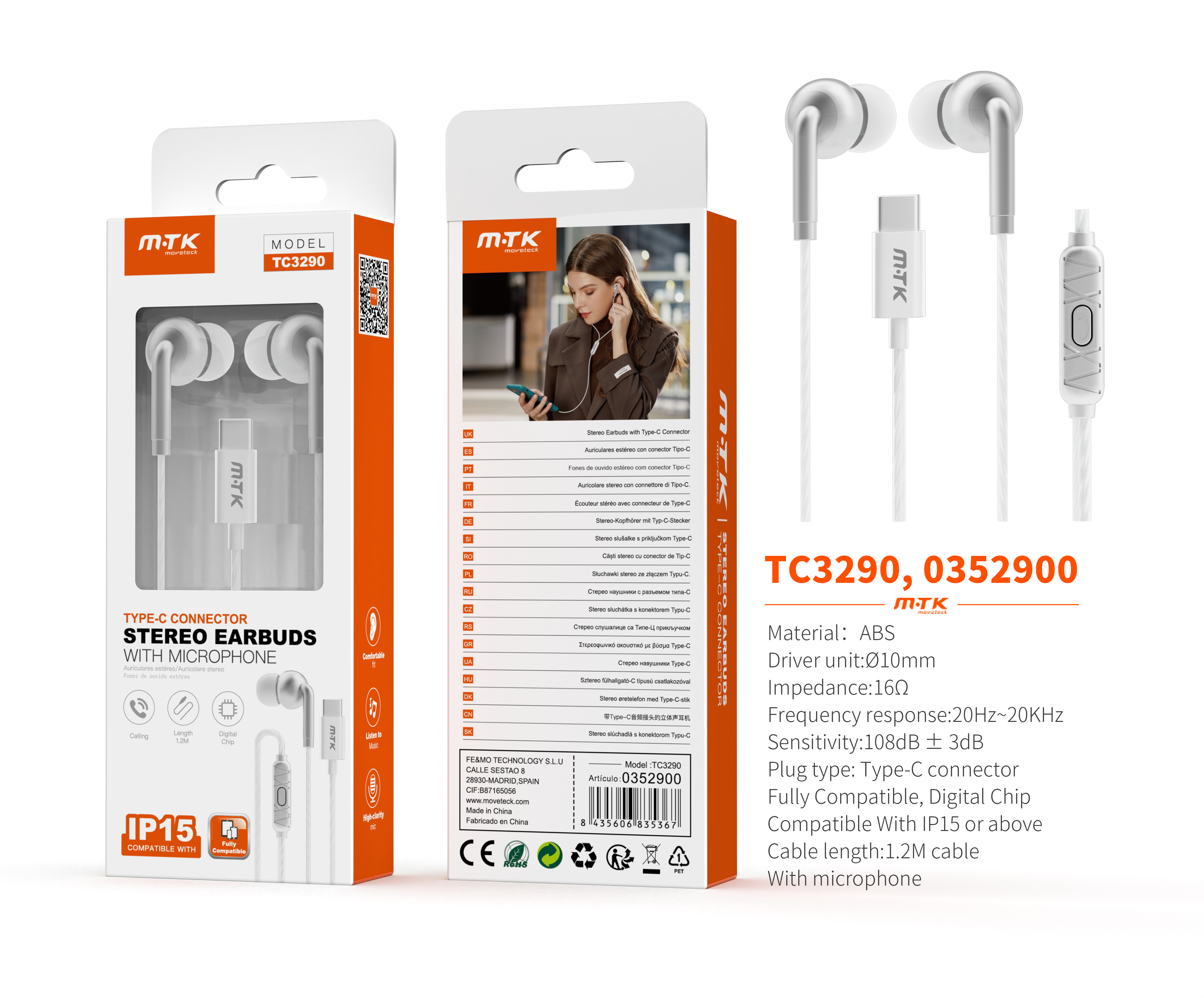 TC3290 BL+PT Auricular Type-C Vindar con microfono y boton de llamada, Cable 1.2m, Blanco+Plata