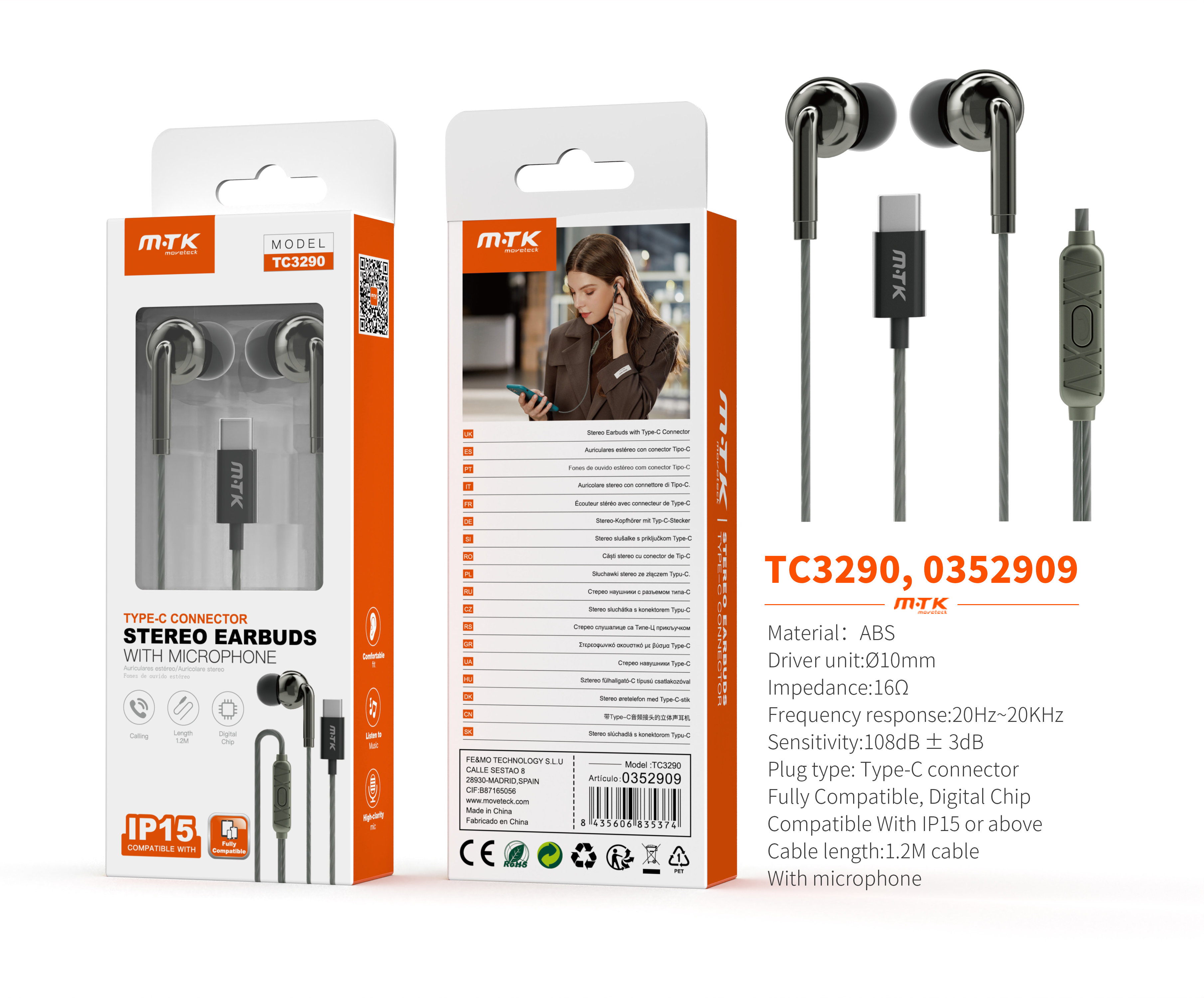 TC3290 GR Auricular Type-C Vindar con microfono y boton de llamada, Cable 1.2m, Gris oscuro