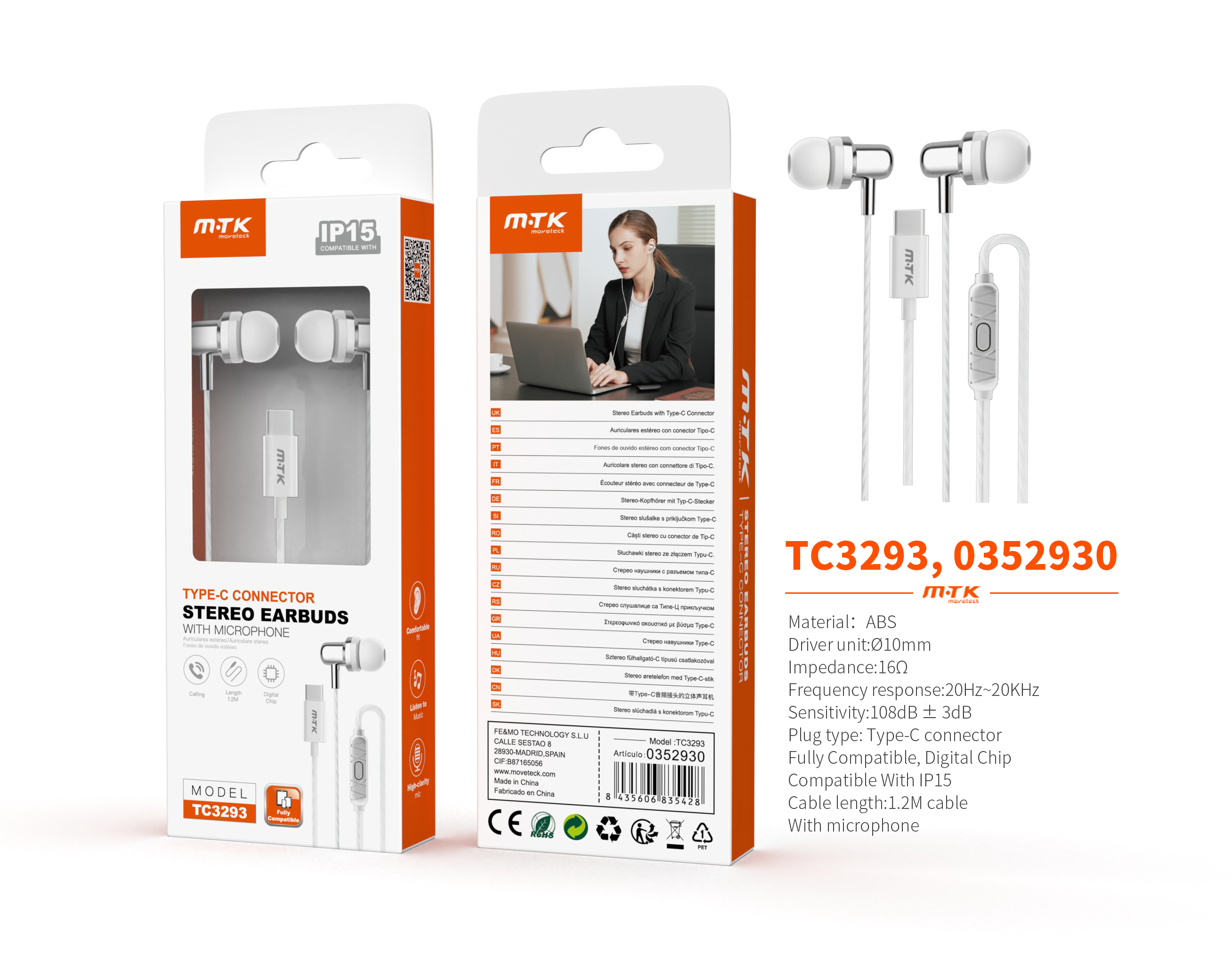 TC3293 BL+PT Auricular Type-C Flurnix con microfono y boton de llamada, Cable 1.2m, Blanco+Plata