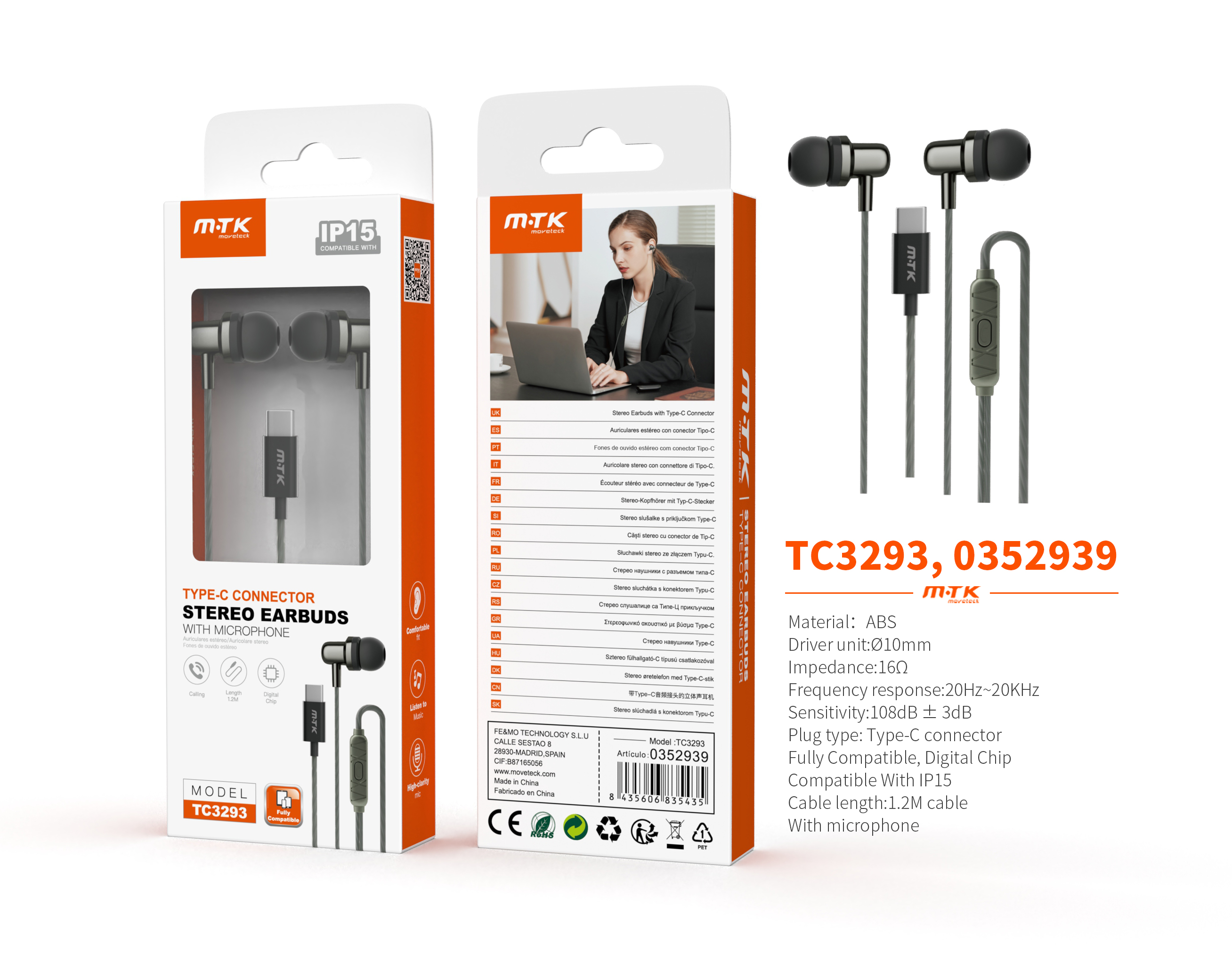 TC3293 GR Auricular Type-C Flurnix con microfono y boton de llamada, Cable 1.2m, Gris oscuro