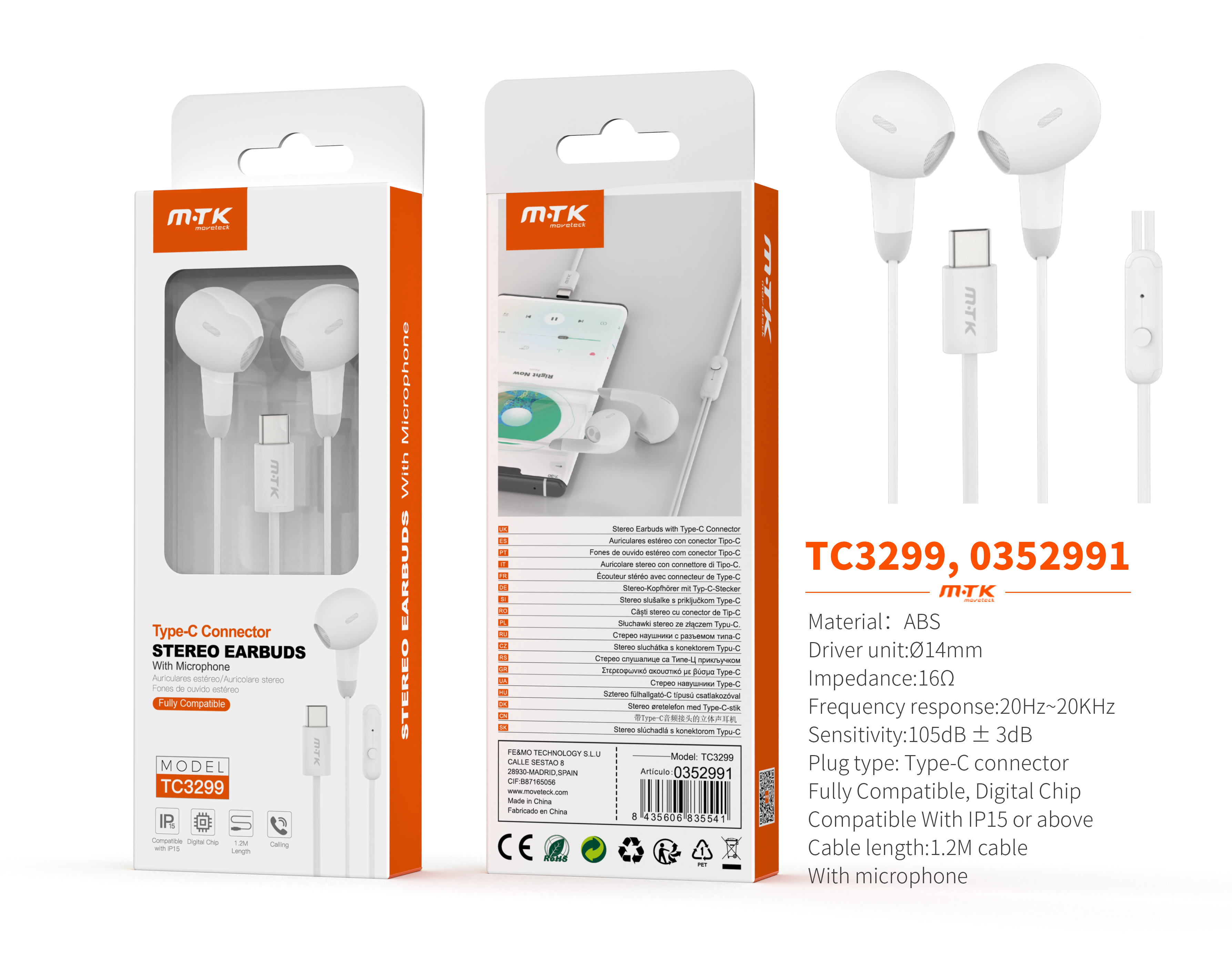TC3299 BL Auricular Type-C Galdorn con microfono, Cable 1.2m, Blanco