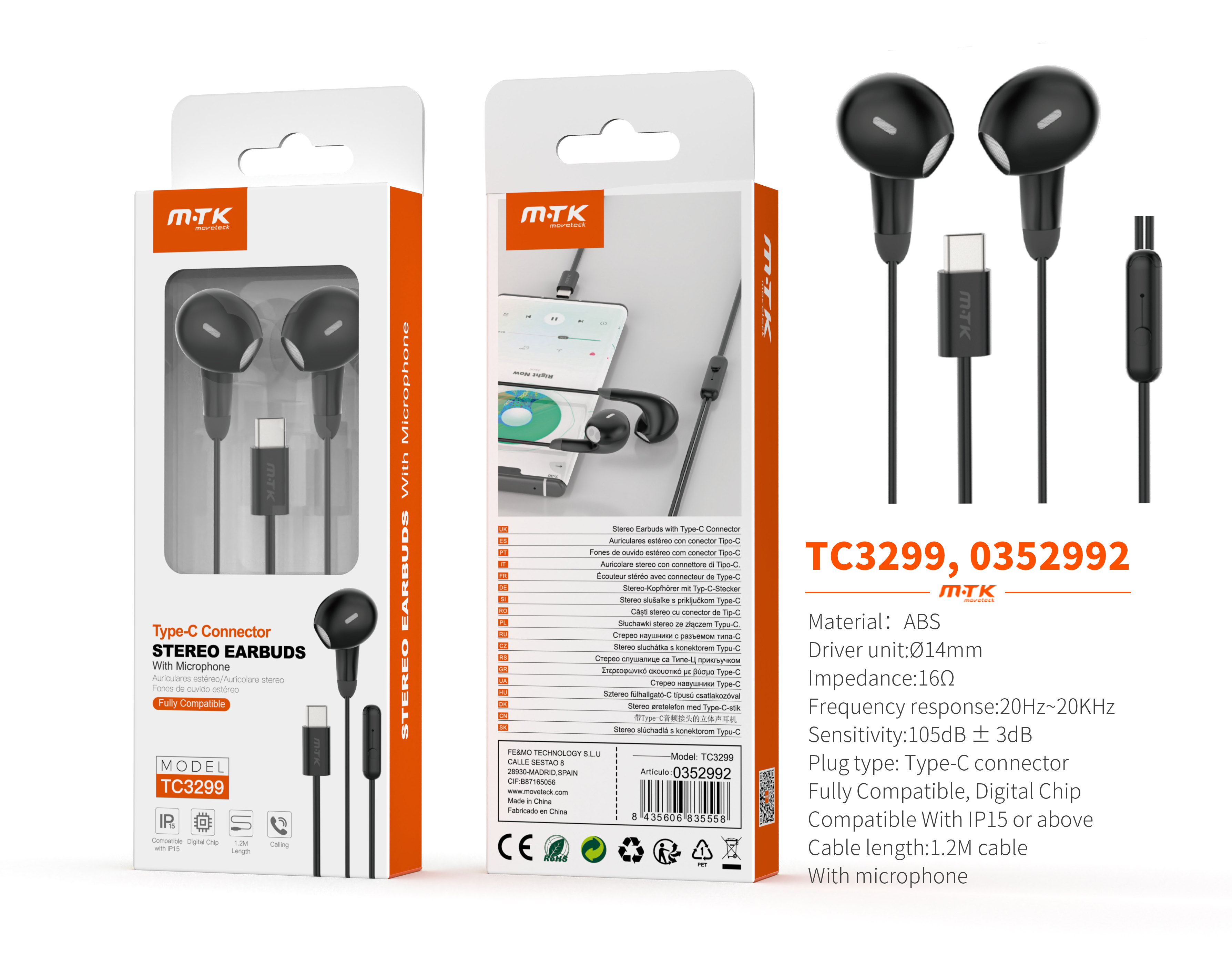 TC3299 NE Auricular Type-C Galdorn con microfono, Cable 1.2m, Negro