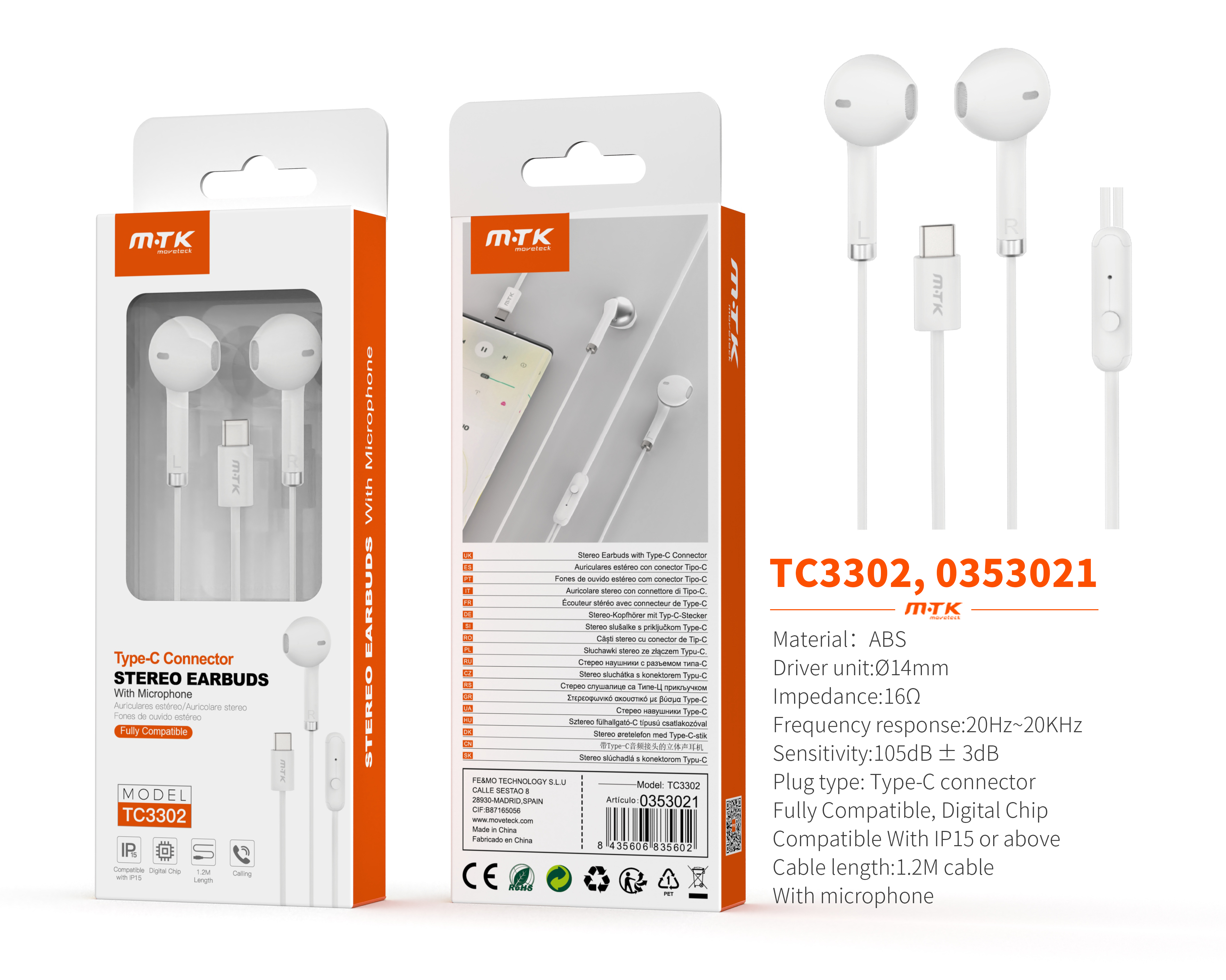 TC3302 BL Auricular Type-C Meldan con microfono, Cable 1.2m, Blanco