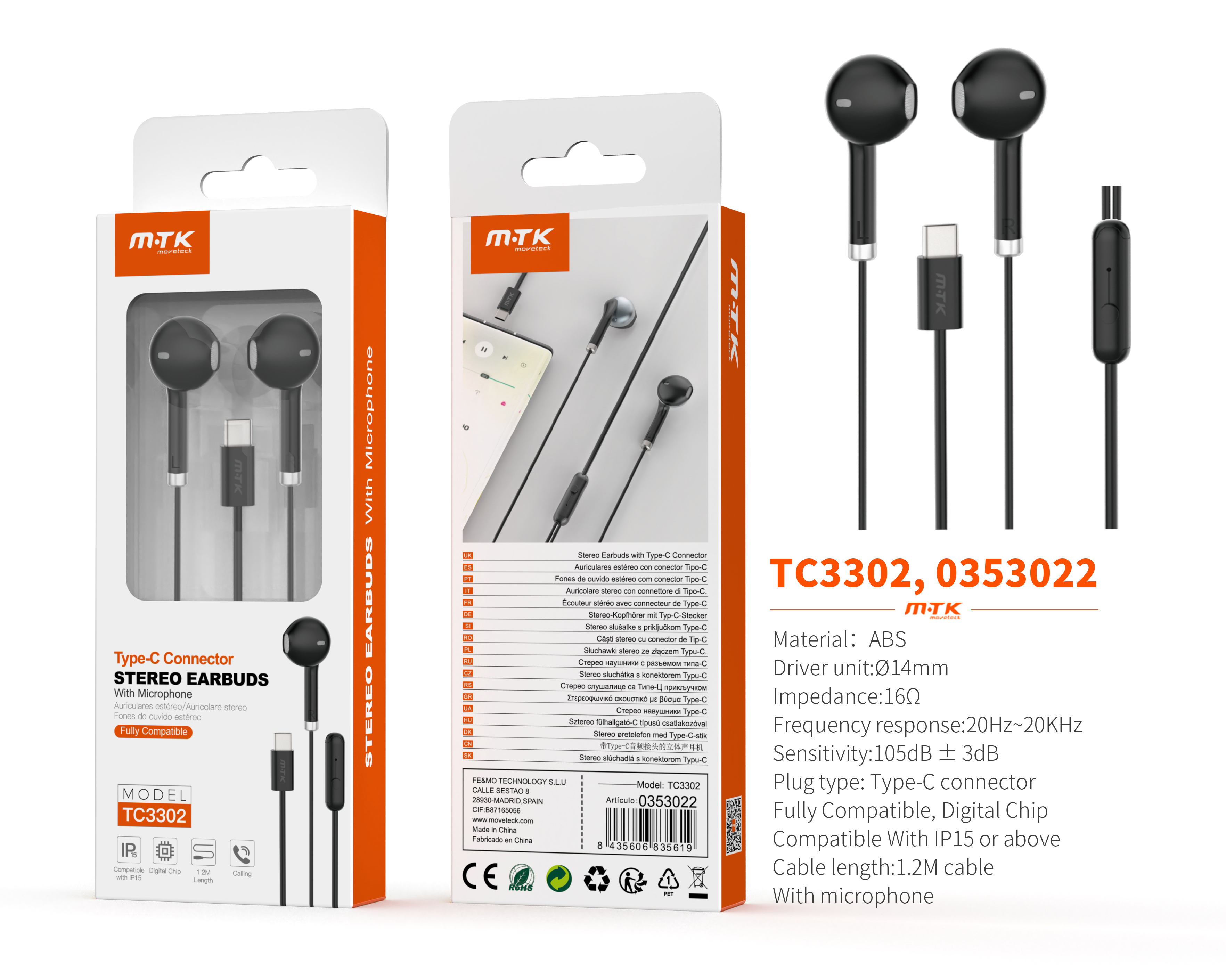 TC3302 NE Auricular Type-C Meldan con microfono, Cable 1.2m, Negro