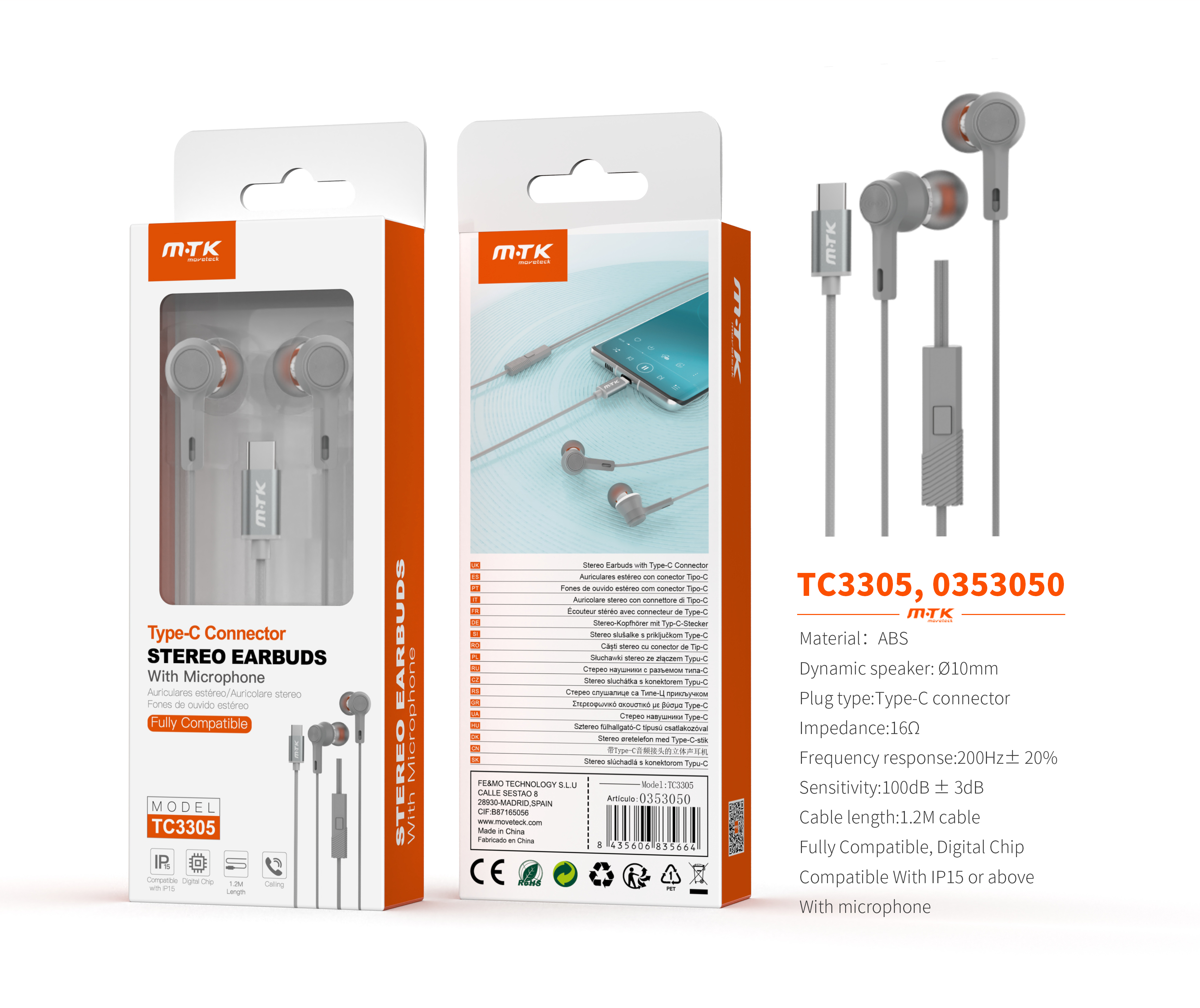TC3305 GR Auricular Type-C Galros con microfono y boton de llamada full compatible, Cable 1.2m, Gris