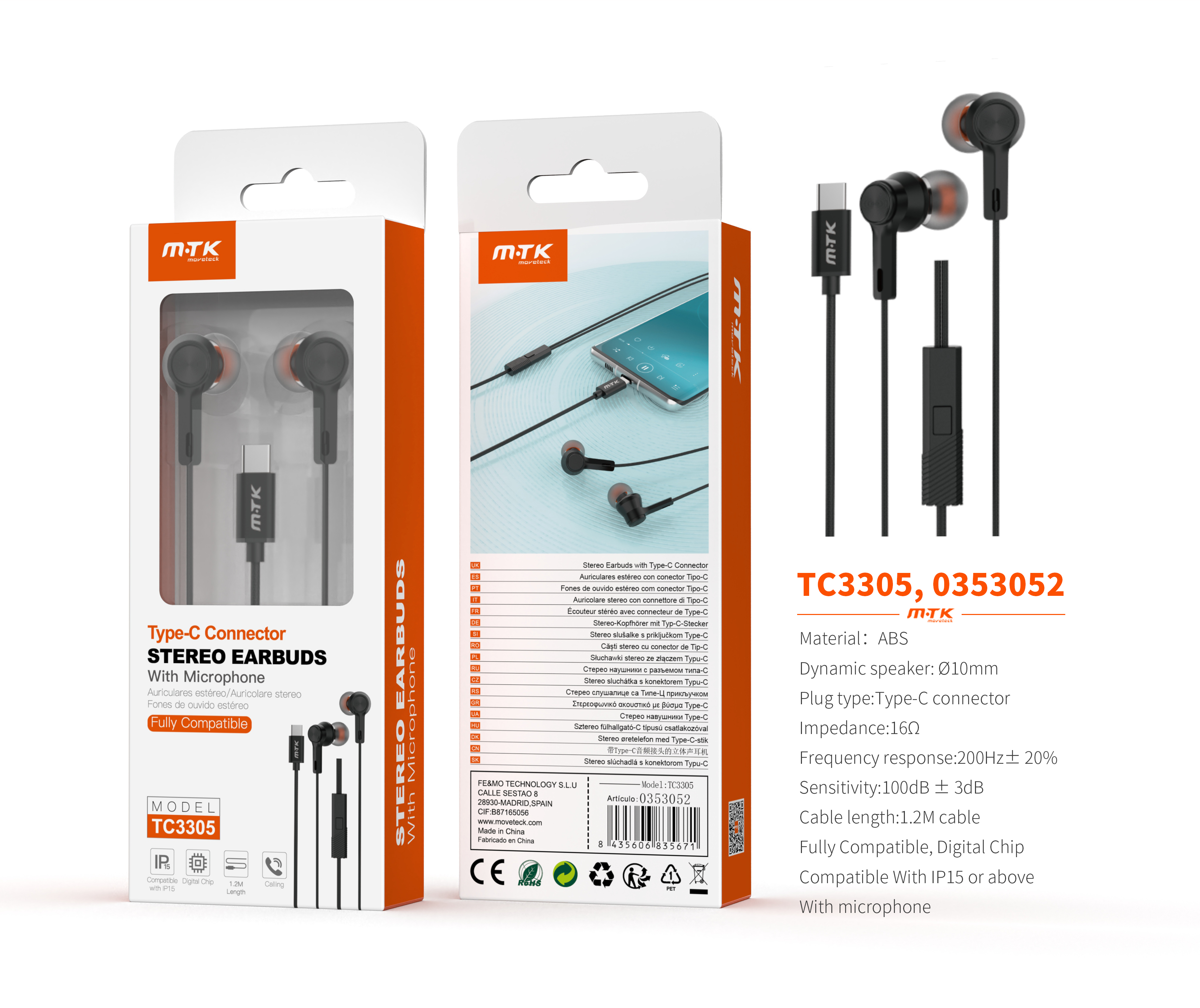 TC3305 NE Auricular Type-C Galros con microfono y boton de llamada full compatible, Cable 1.2m, Negr