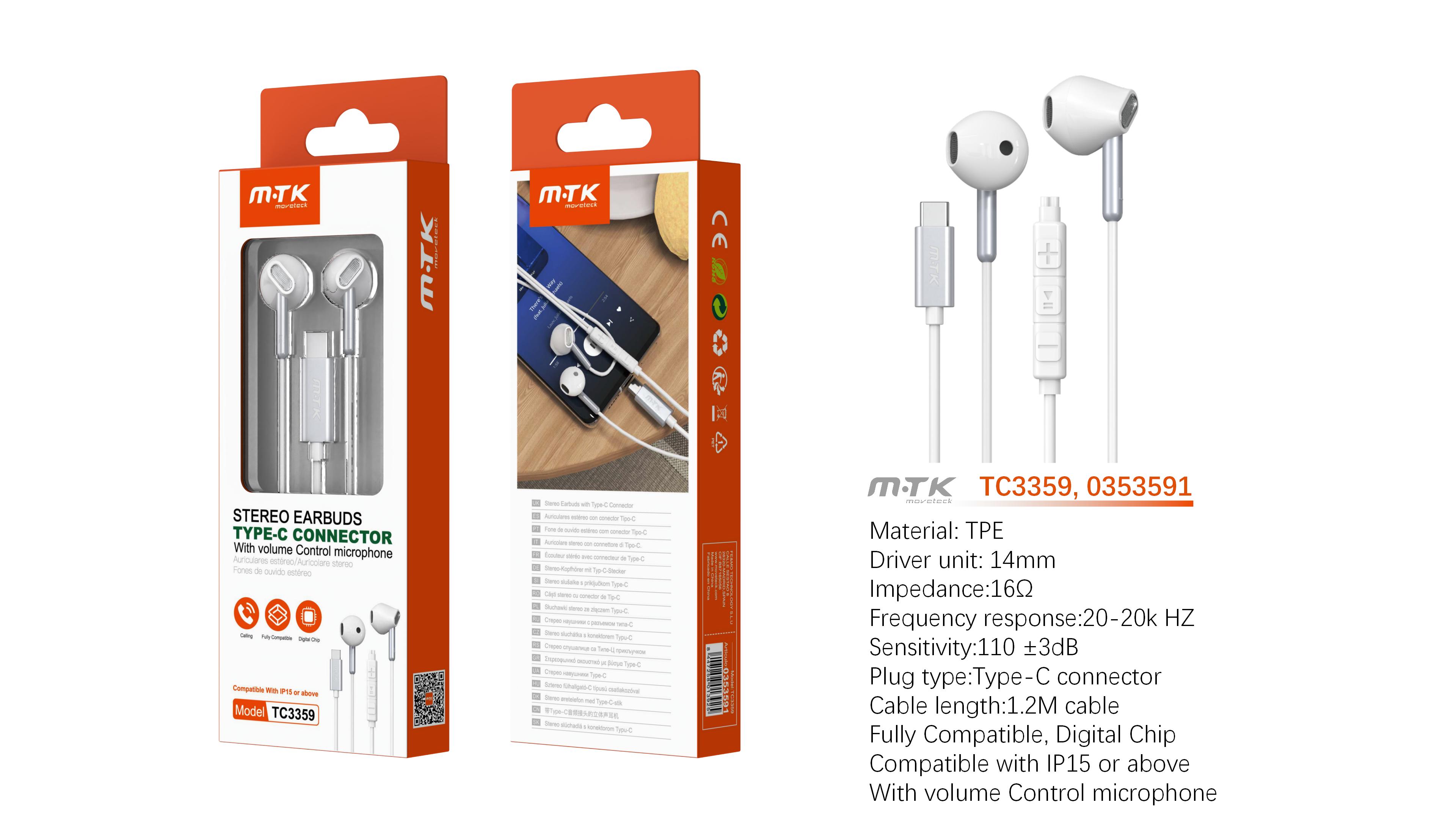 TC3359 BL  Auricular Type-C Daren con microfono + boton de llamada y volumen, Full compatible, Cable