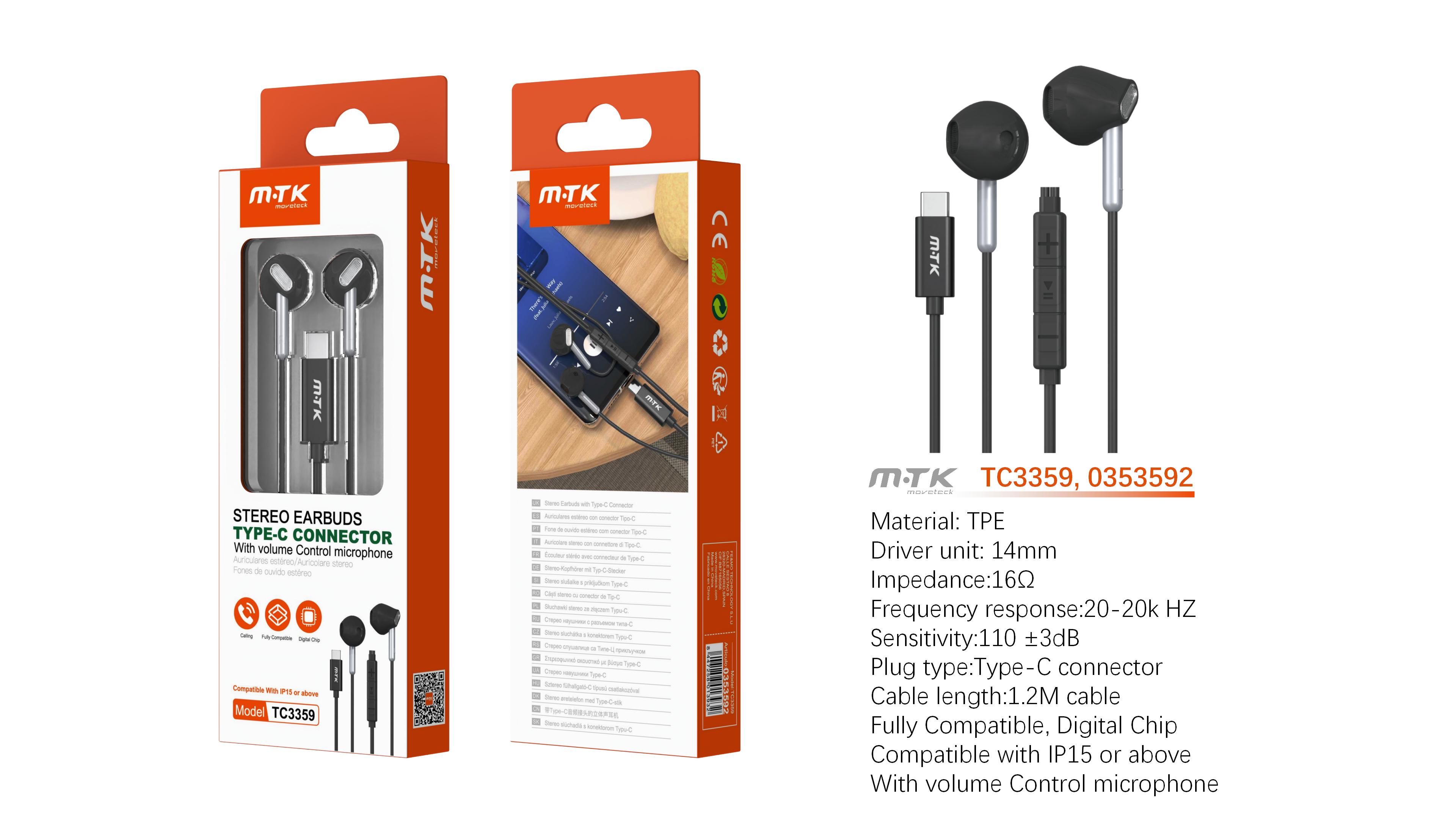 TC3359 NE Auricular Type-C Daren con microfono + boton de llamada y volumen, Full compatible, Cable