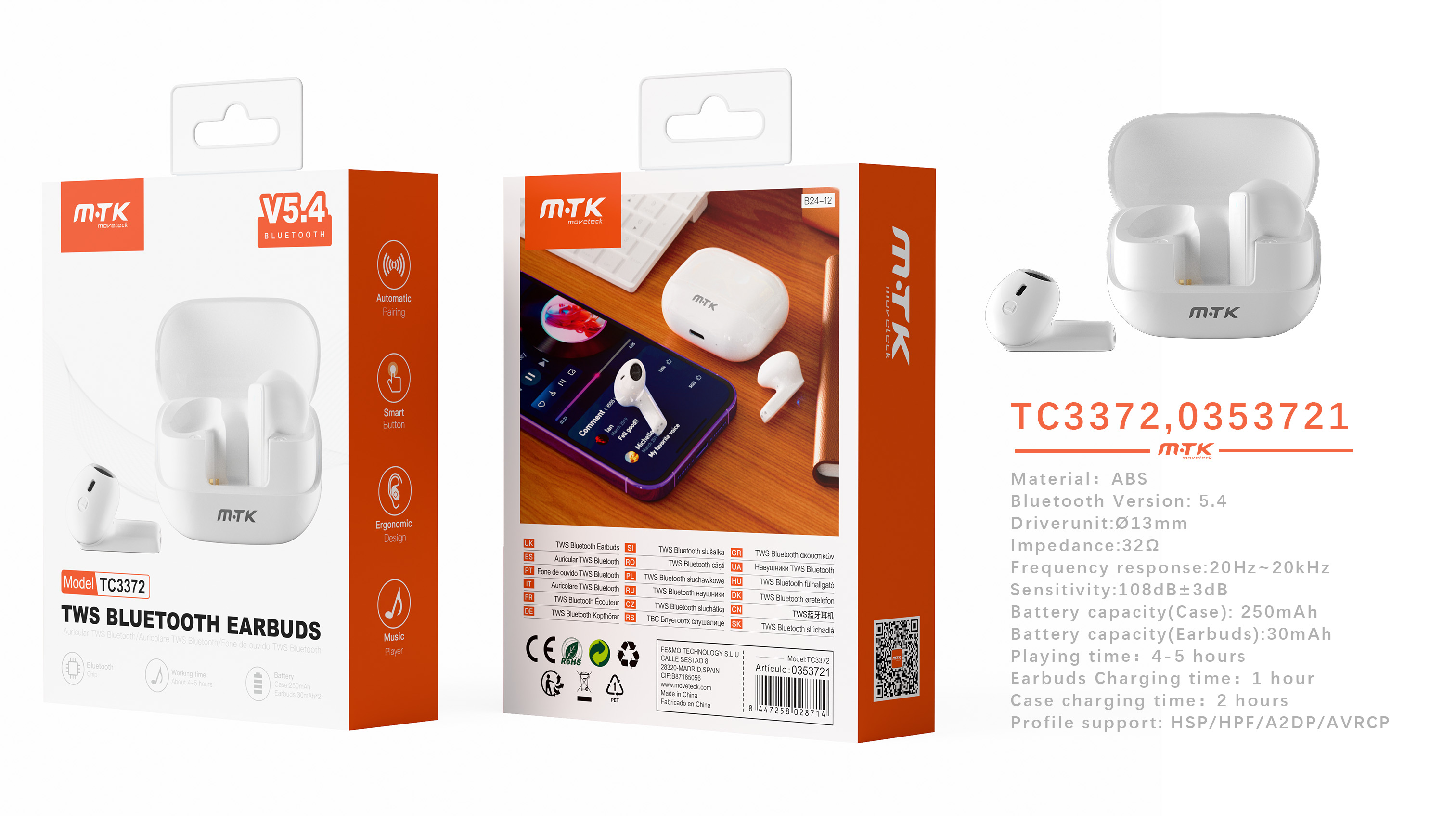 TC3372 BL Auriculares TWS Bluetooth 5.4 , Bateria (30mAh*2£©Con Estuche Recargable 250mAh, Blanco