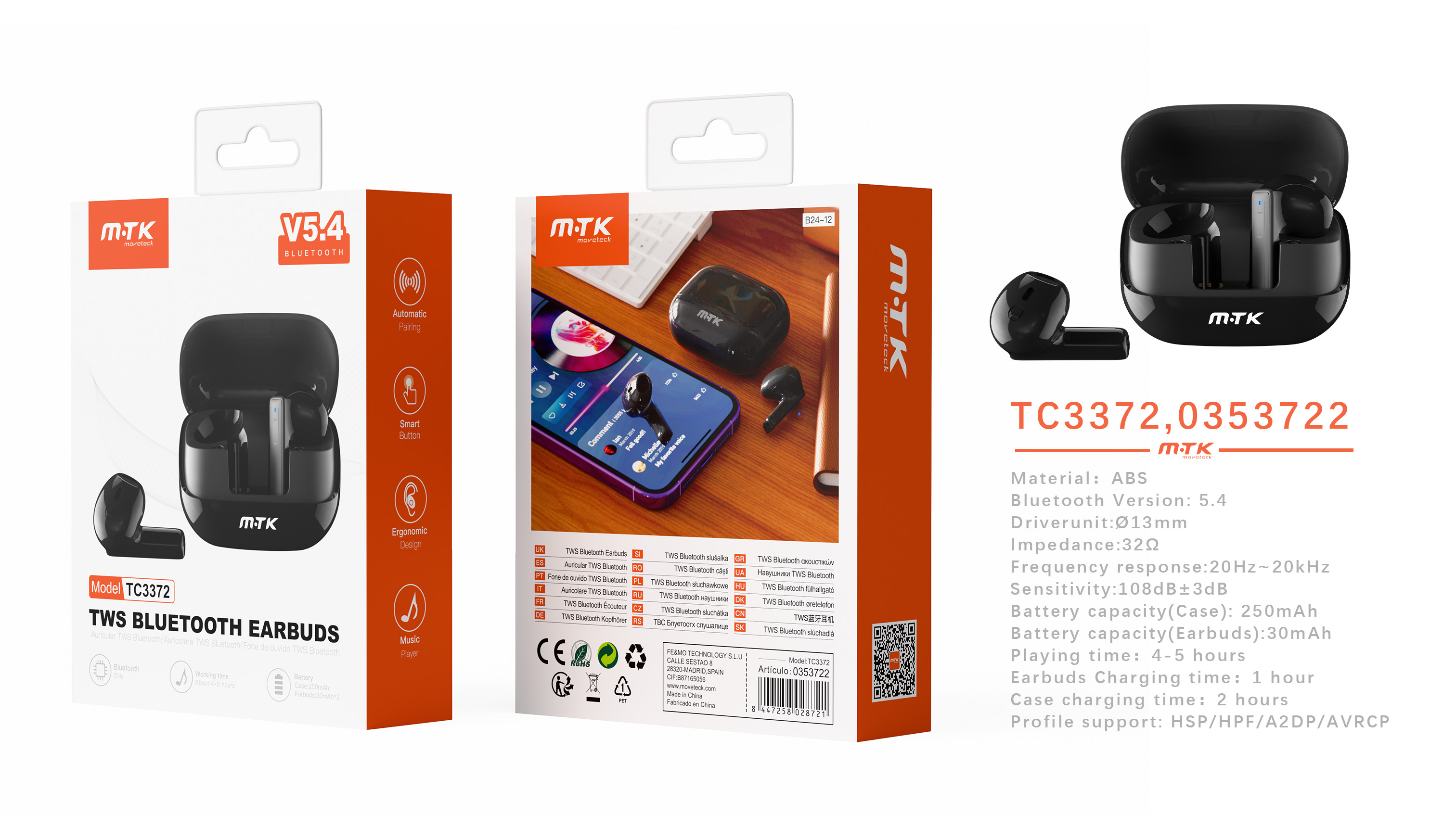 TC3372 NE Auriculares TWS Bluetooth 5.4 , Bateria (30mAh*2£©Con Estuche Recargable 250mAh, Negro