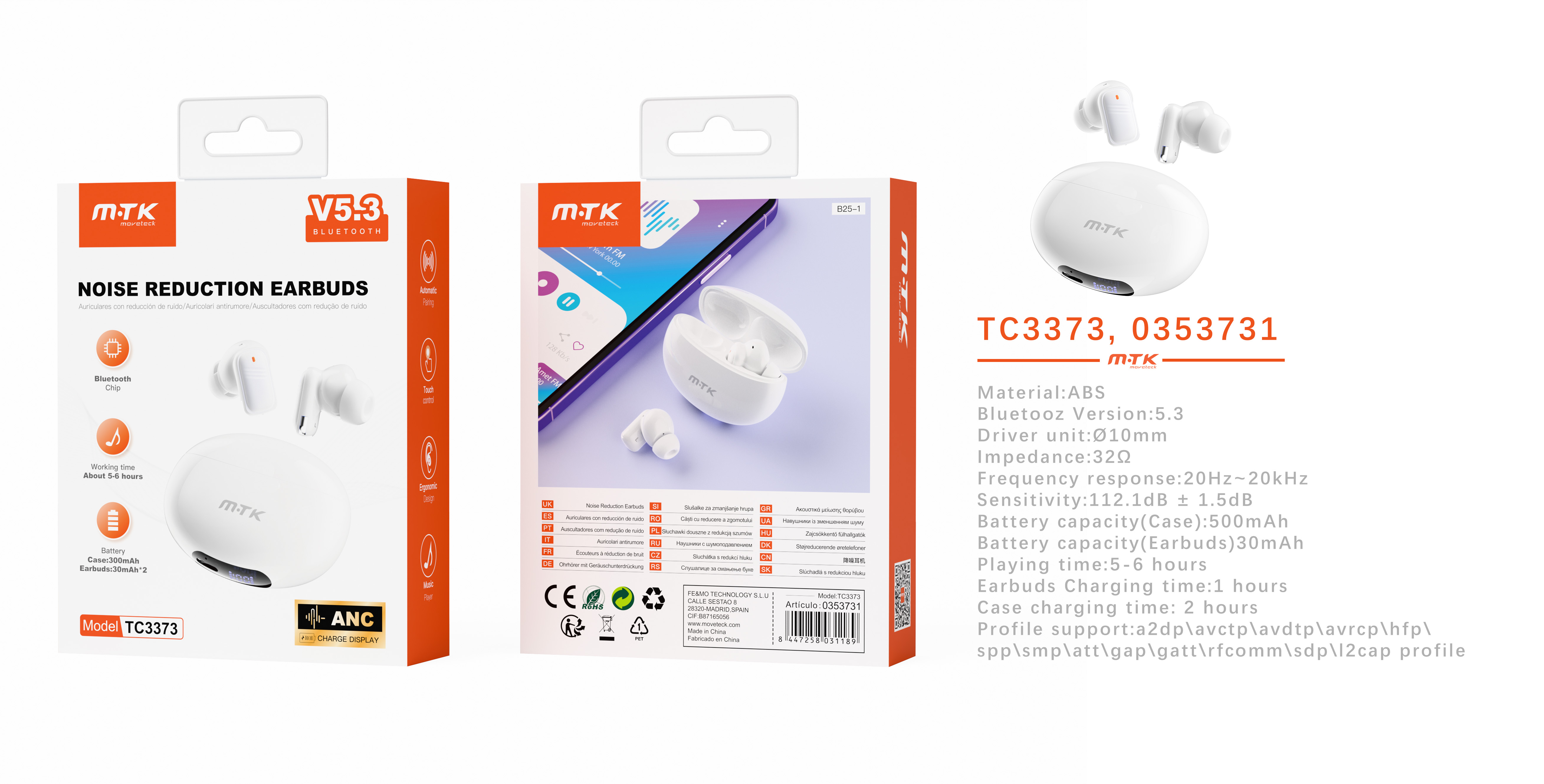 TC3373 BL Auriculares TWS Bluetooth 5.3 con indicador de bateria, Bateria (30mAh*2)Con estuche recar