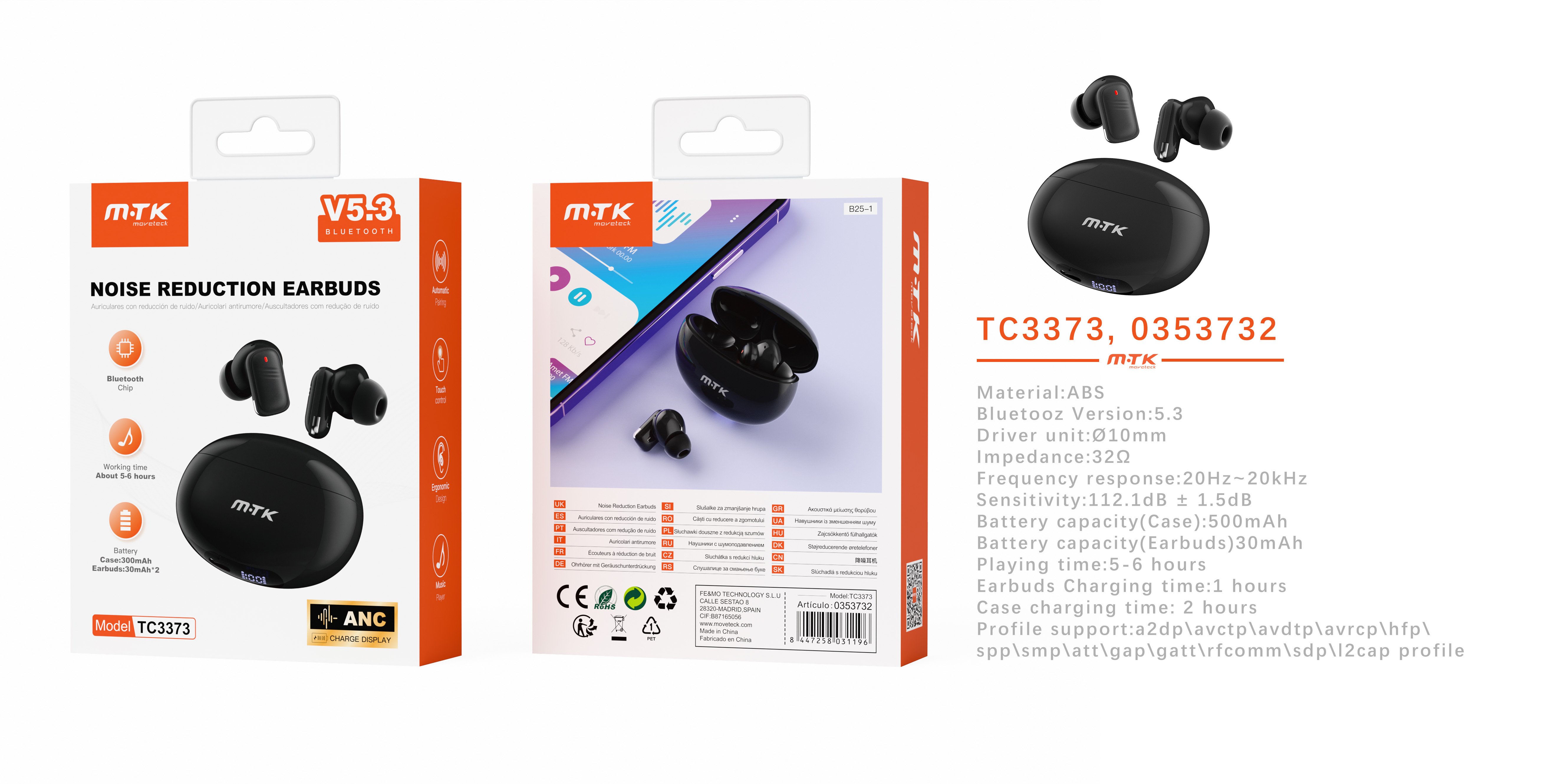 TC3373 NE Auriculares TWS Bluetooth 5.3 con indicador de bateria, Bateria (30mAh*2)Con estuche recar