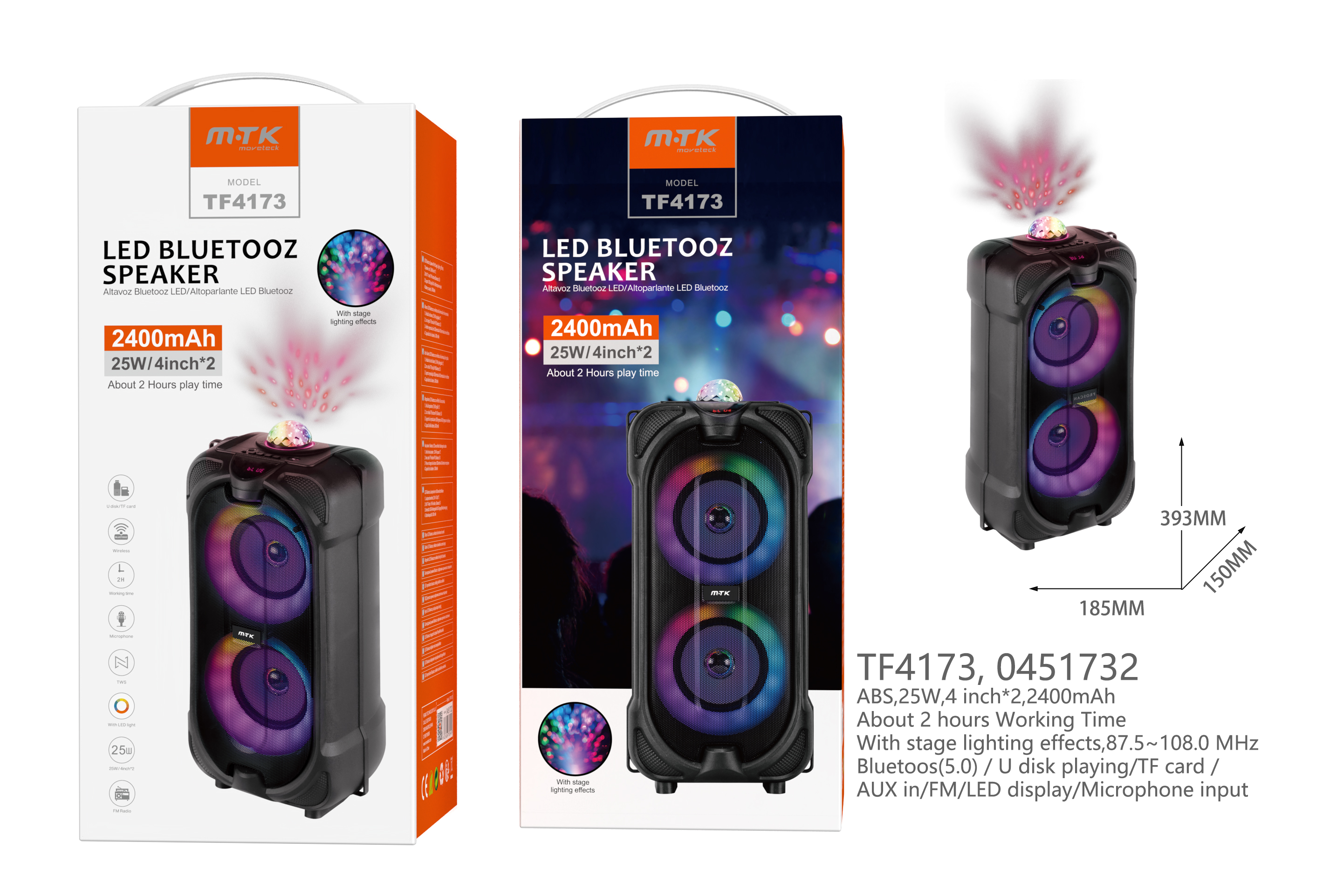 TF4173 NE Altavoz  Bluetooth 5.0 Con luz LED, Soporta Entrada de Microfono/USB/TF/FM, Frecuencia FM8