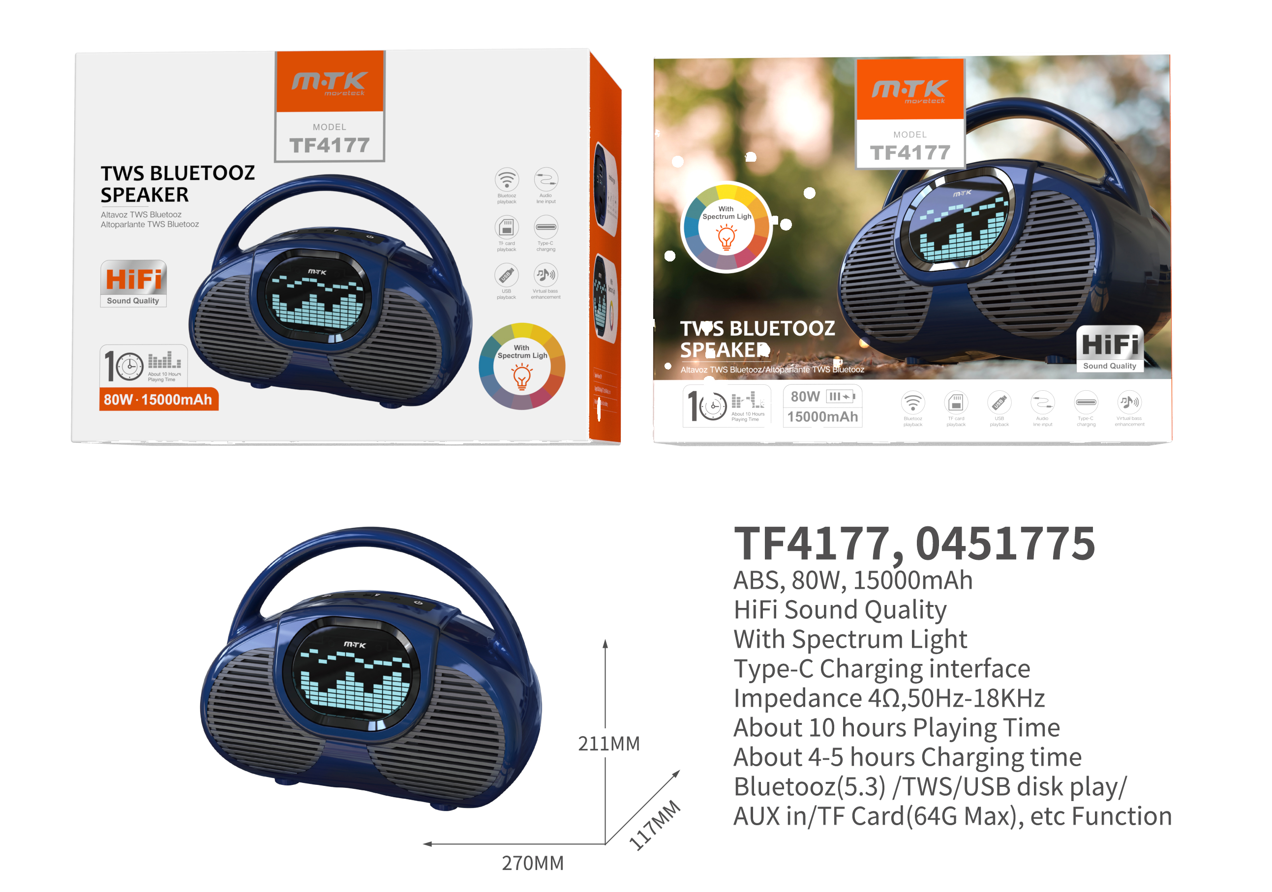 TF4177 AZ Altavoz TWS Bluetooth 5.3  HIFI, con Luz espectro, Soporta USB/Entrada audio/TF 64G Max, 80W/15000mAh, Azul