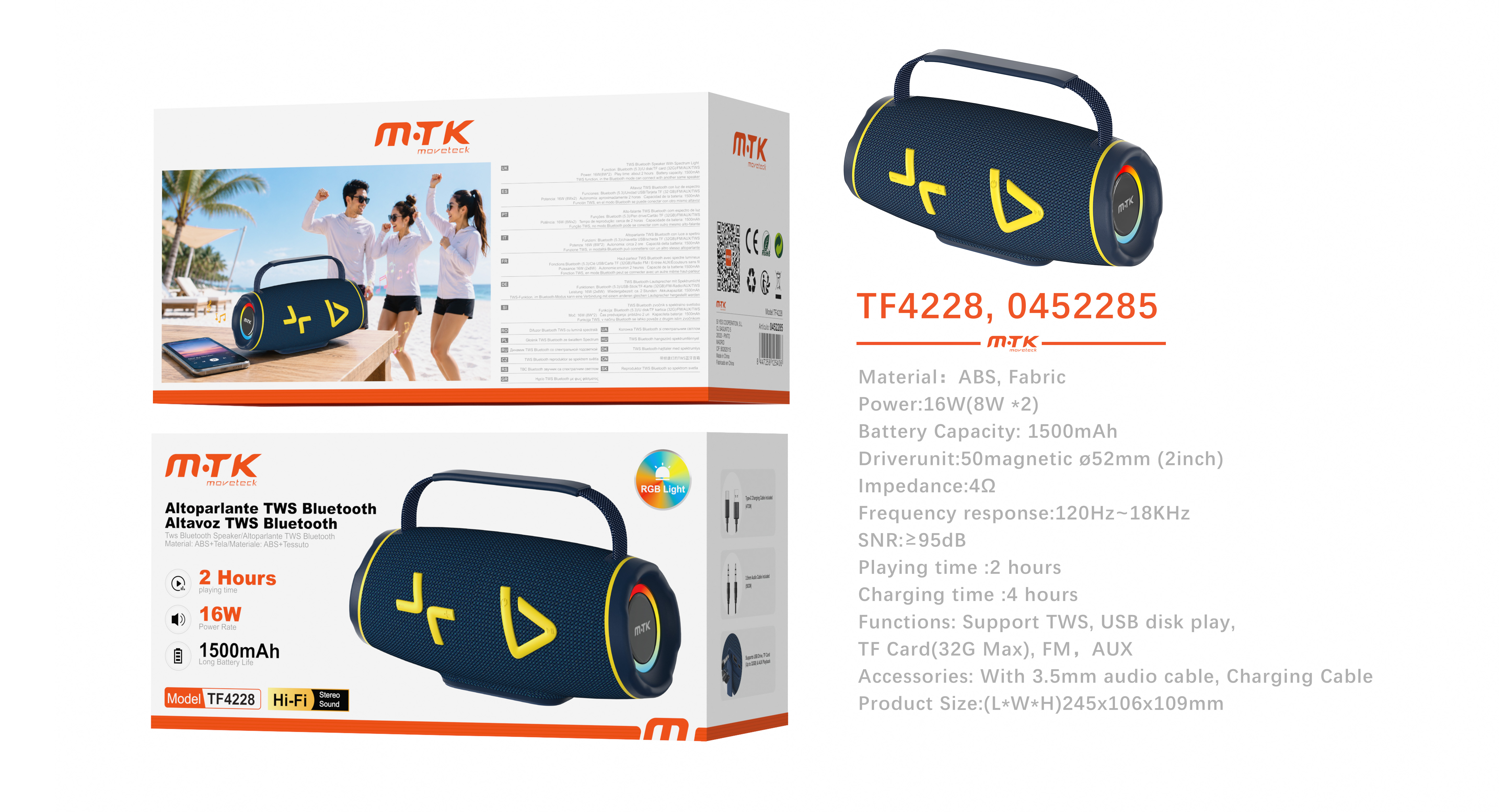TF4228 AZ 16W/1500mAh 2H de uso/TWS/HIFI altavoz Bluetoothsoporta USB/tarjeta TF/FM/AUX Azul