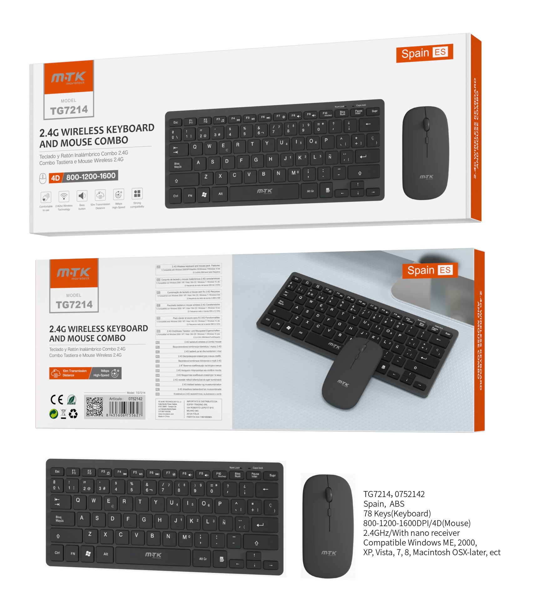 TG7214 NE Conjunto de Teclado y Raton Inalambrico , 78 Teclados en Espanol, con Raton 4D de 800-1600