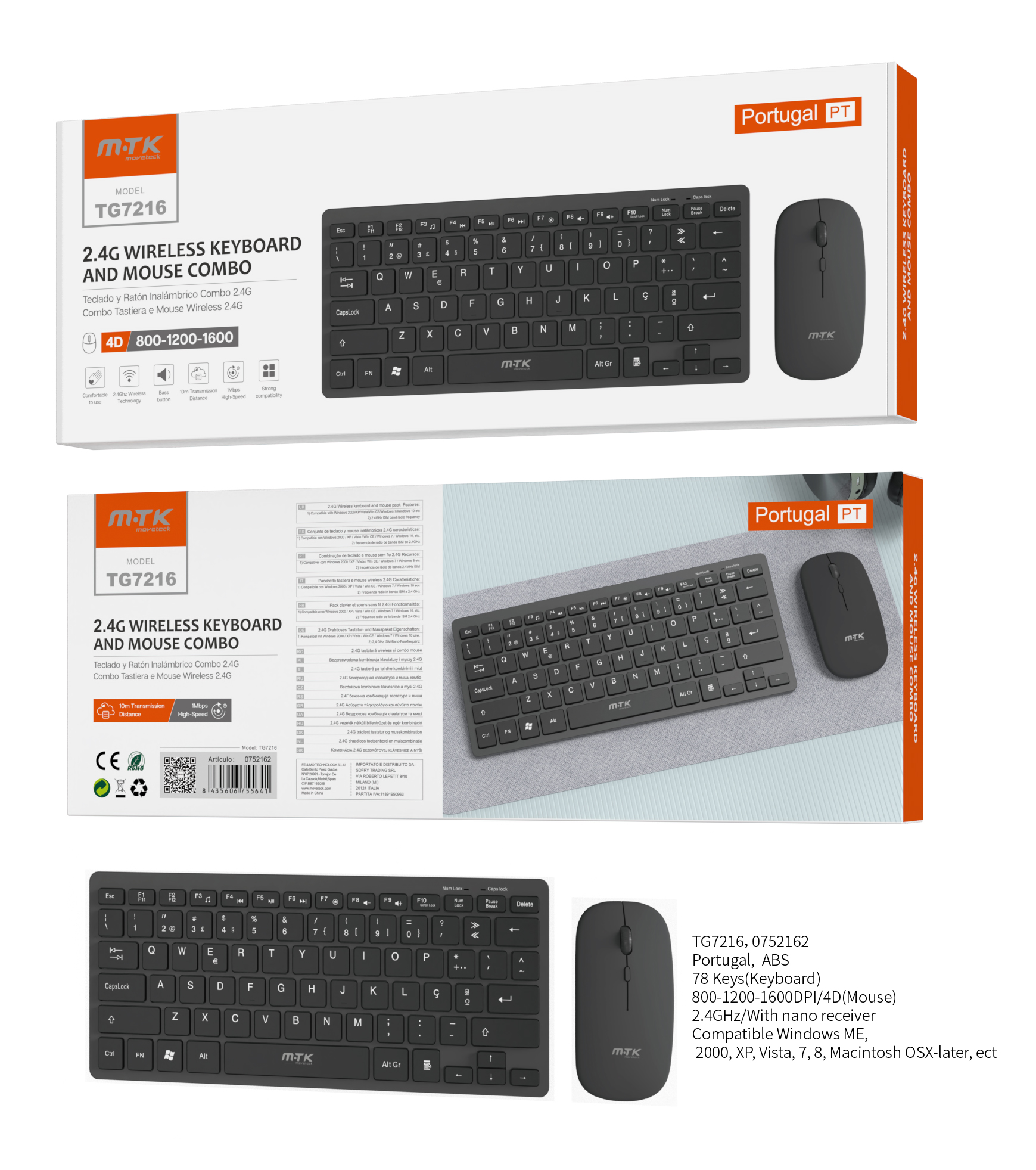 TG7216 NE Conjunto de Teclado y Raton Inalambrico , 78 Teclados en Portugues, con Raton 4D de 800-16