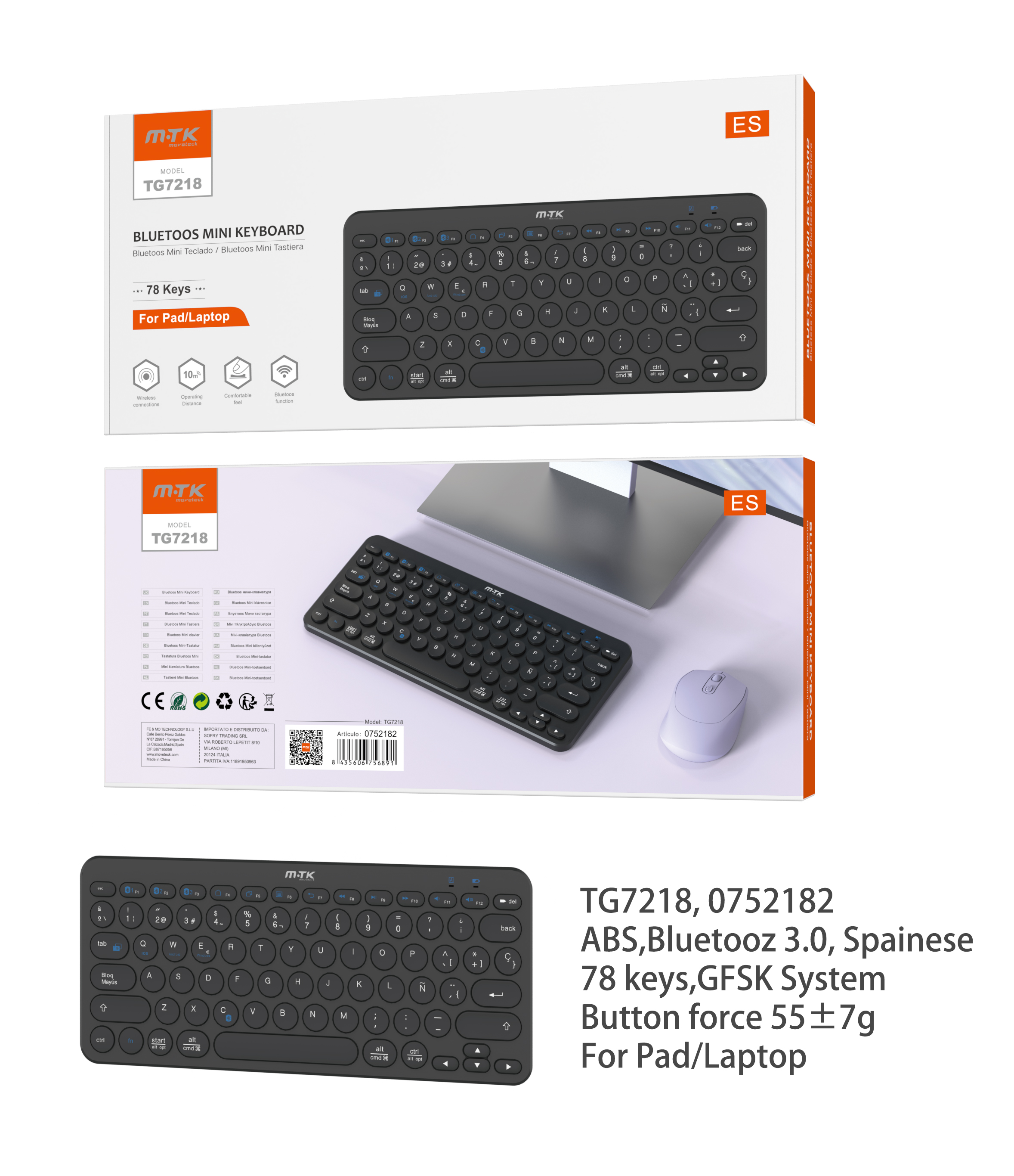 TG7218 NE Mini Teclado  Espanol ,  inalambrico Bluetooth , Con 78 Keys , Negro