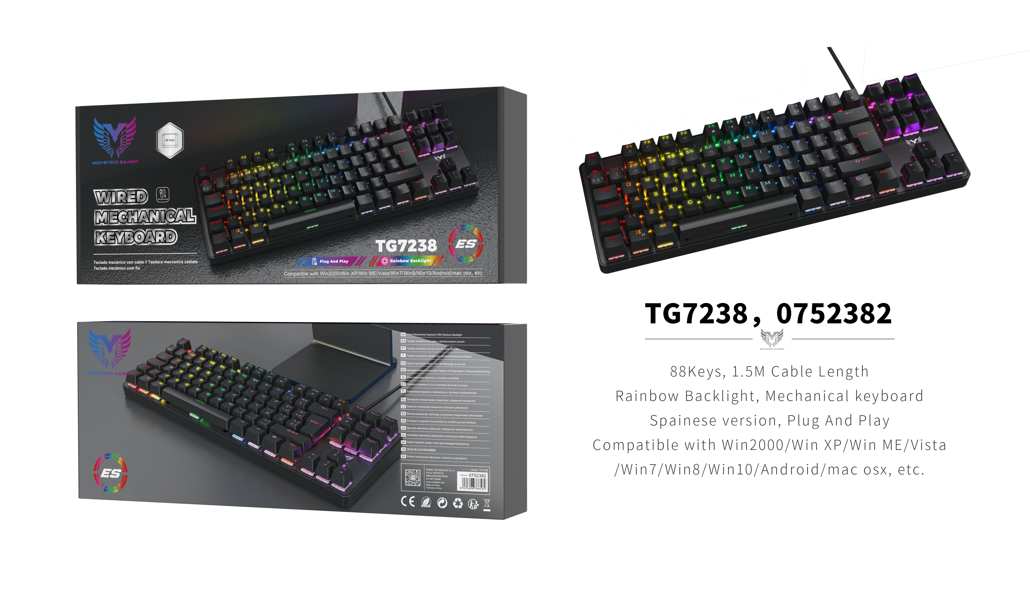 TG7238 NE Teclado Mecanico Gaming Espanol 88keys, Luz Rainbow, Cable 1.5m, Negro