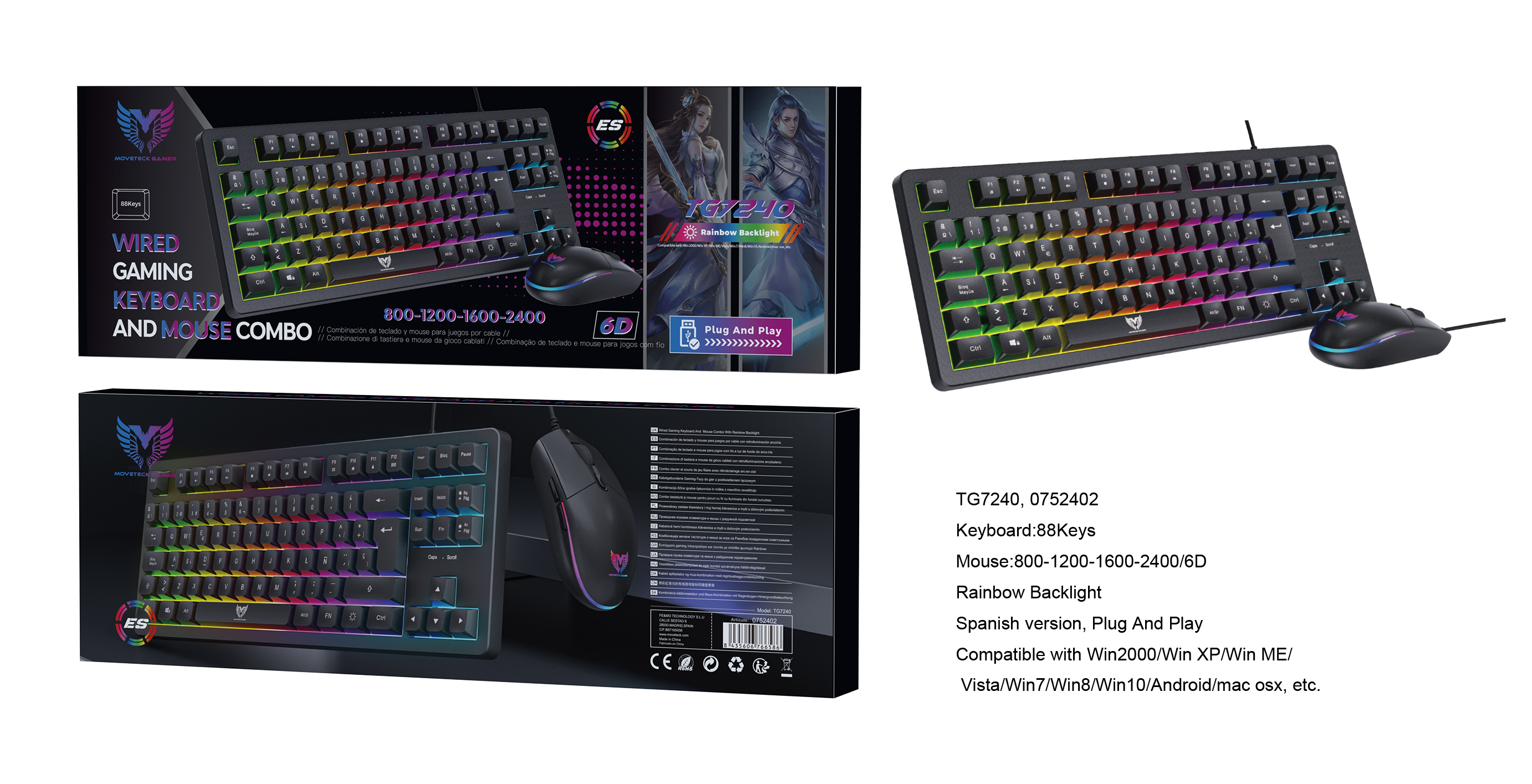 TG7240 NE Conjunto Teclado 88 Keys(Espanol) y Ratan Gaming 6D con cable 800/1200/1600/2400 DPI, Negro