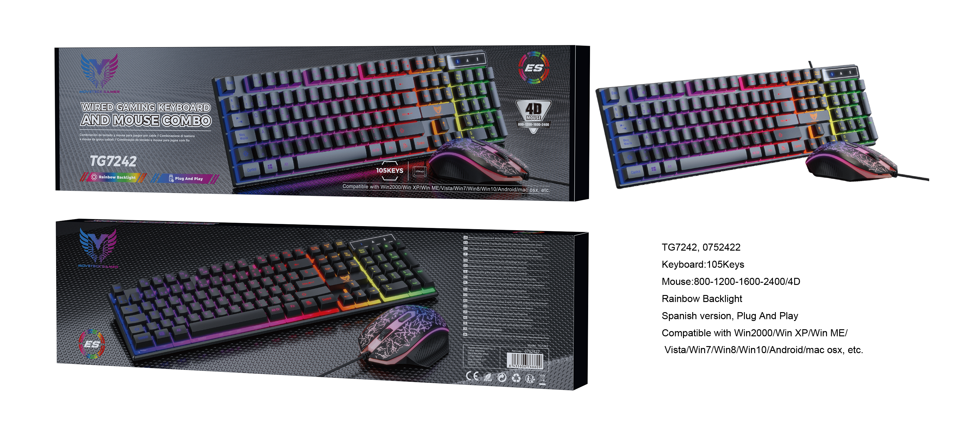 TG7242 NE Conjunto Teclado 105 Keys(Espanol) y Ratan Gaming 4D con cable 800/1200/1600/2400 DPI, Negro