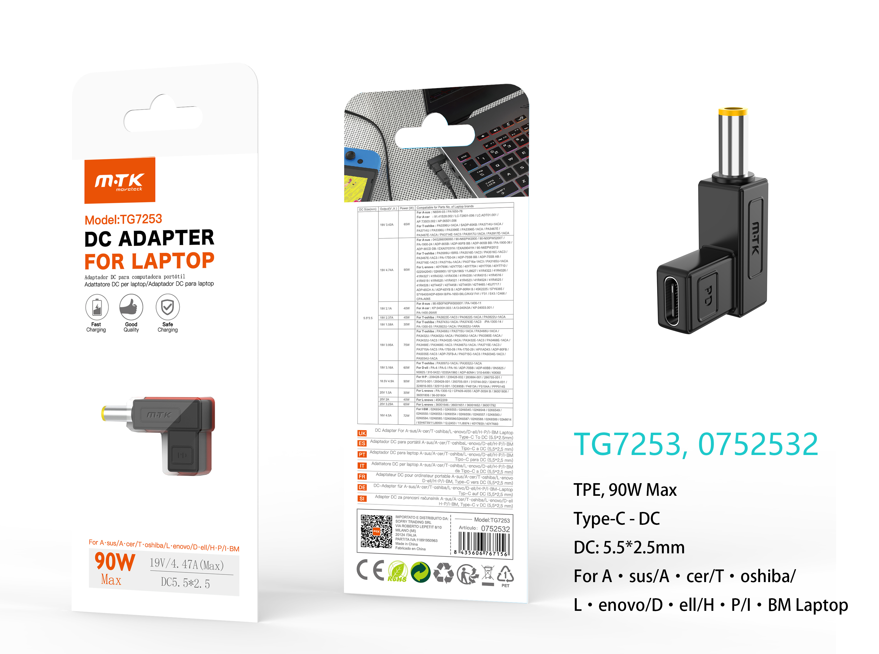 TG7253 NE Adaptador DC 5.5*2.5mm a Type-C (17V/4.47A/90W Max) para ordenador Portatil Asus/Acer/Toshiba/Lenova/Dell/HP/