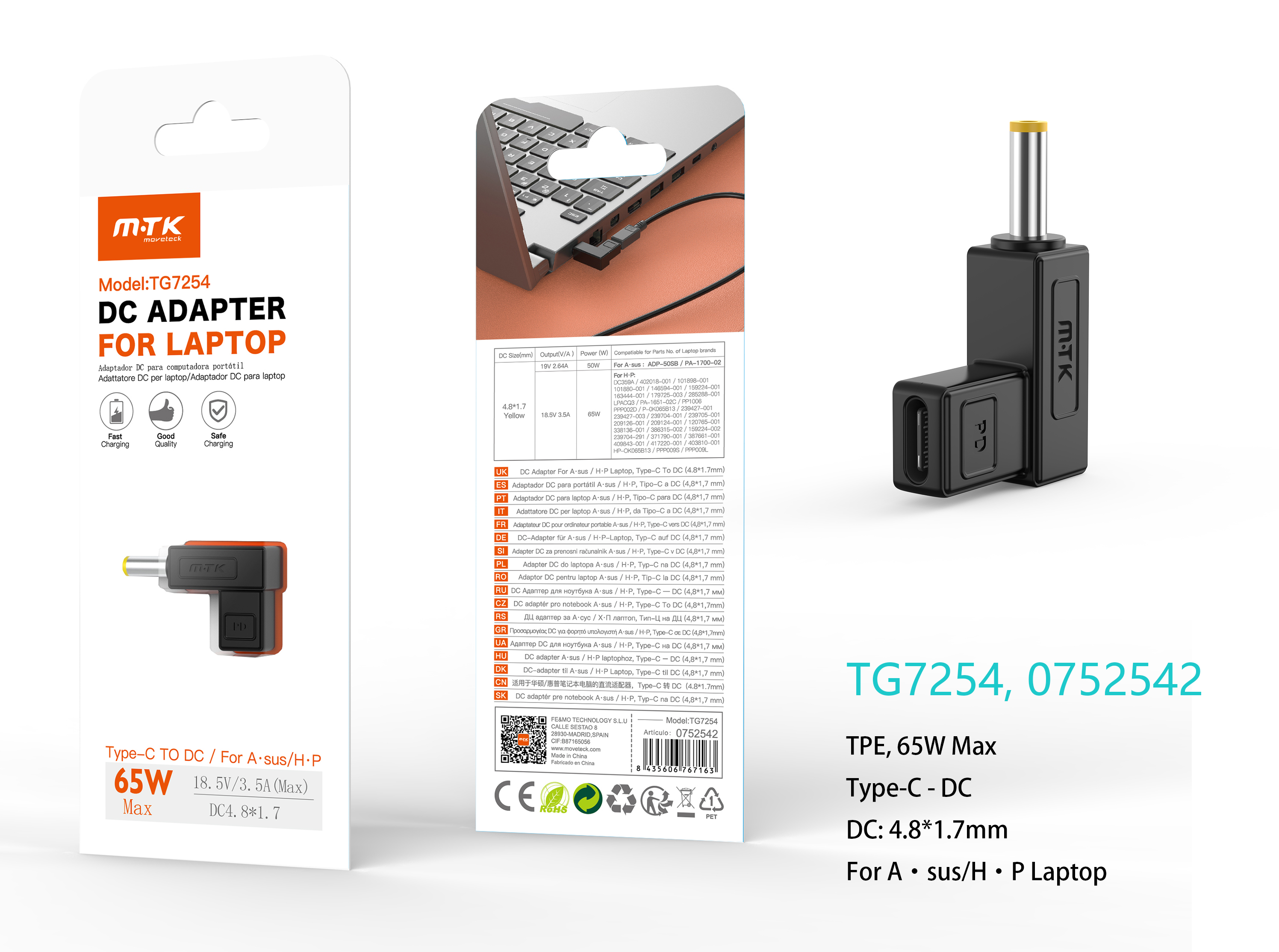 TG7254 NE Adaptador DC 4.8*1.7mm a Type-C (18.5V/3.5A/65W Max) para ordenador Portatil Asus/HP, Negro