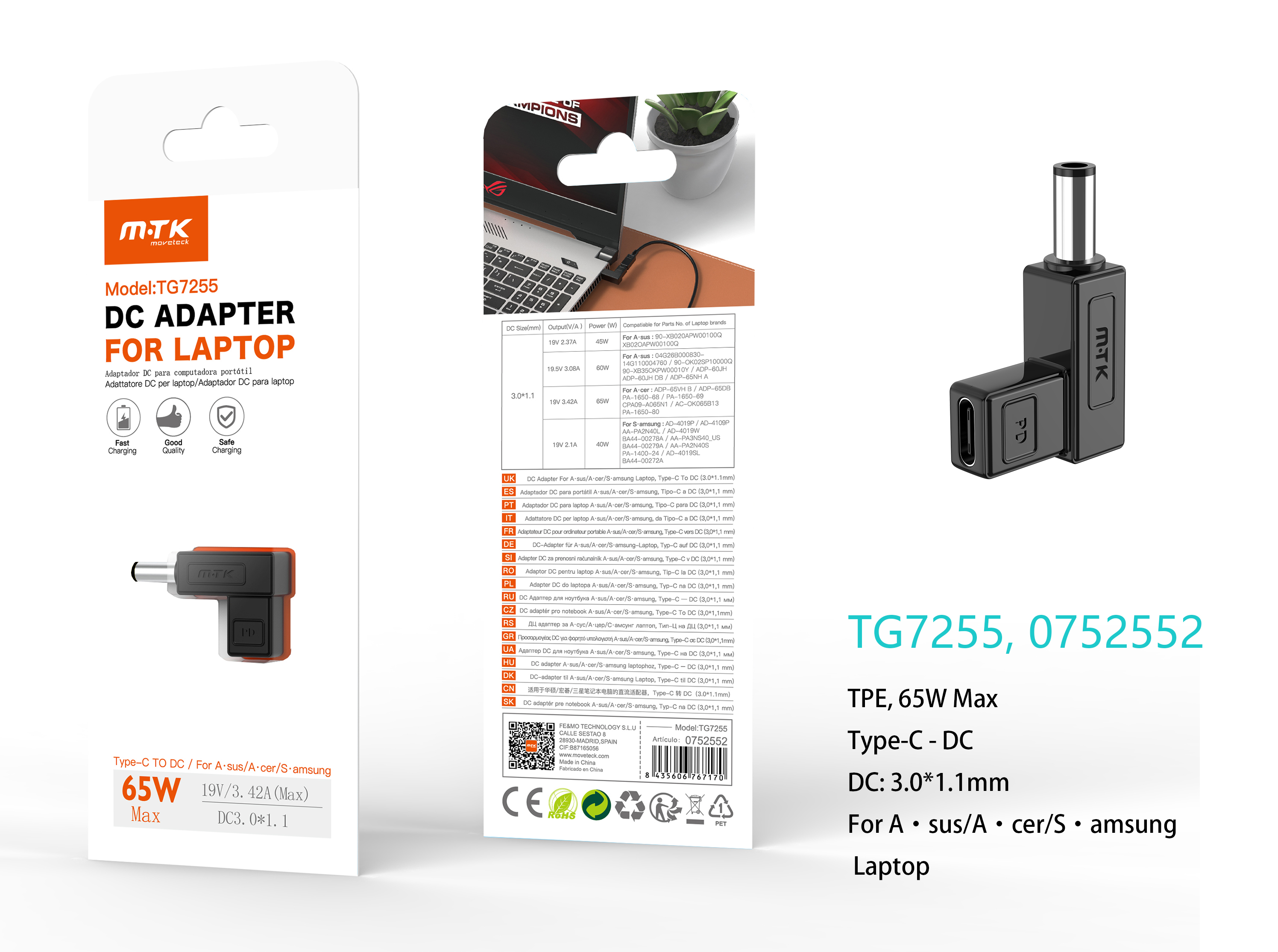 TG7255 NE Adaptador DC 3.0*1.1mm a Type-C (19V/3.42A/65W Max) para ordenador Portatil Asus/Acer/Samsung, Negro