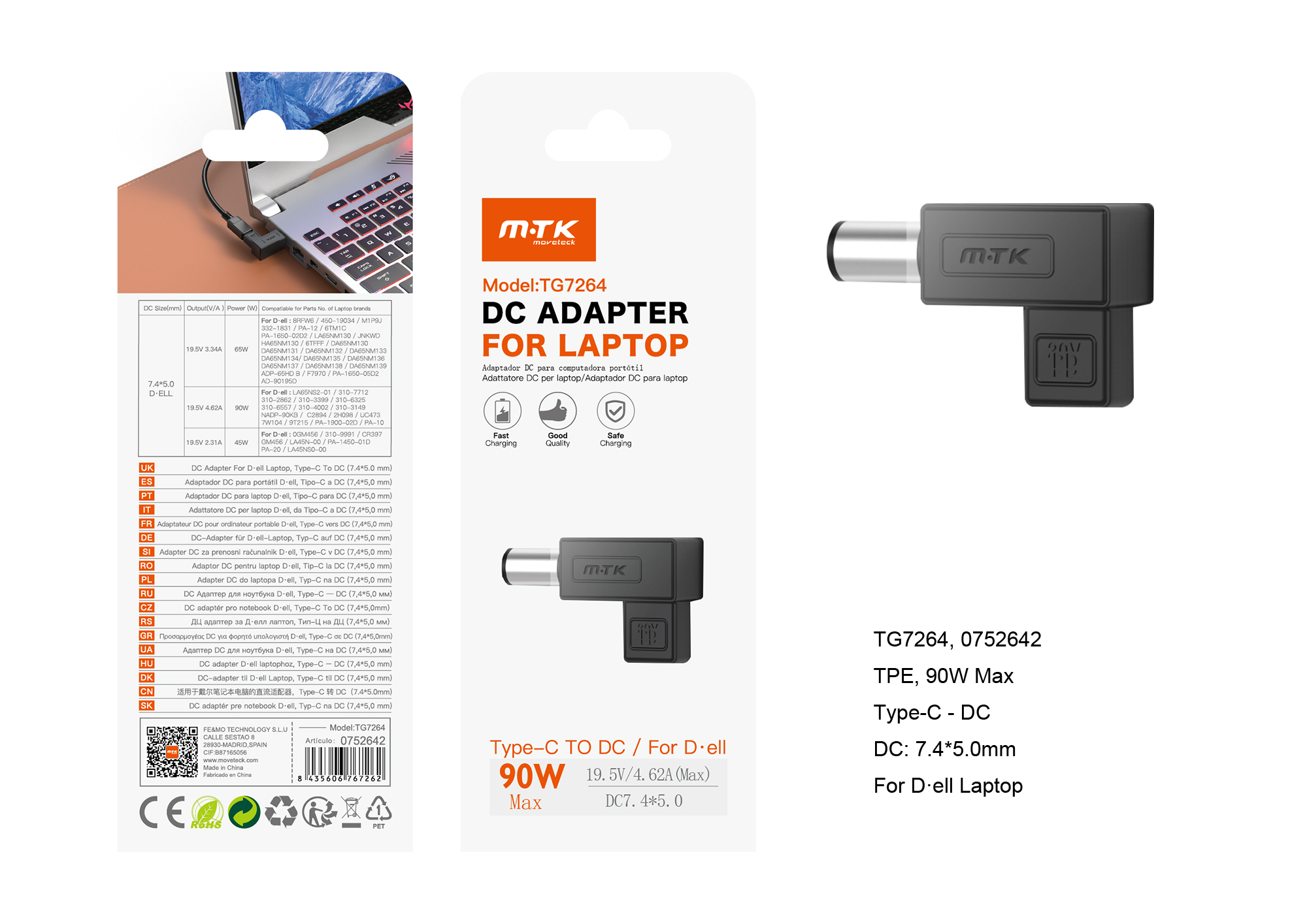 TG7264 NE Adaptador DC 7.4*5.0mm a Type-C (19.5V/4.62A/90W Max) para ordenador Portatil D.ell, Negro