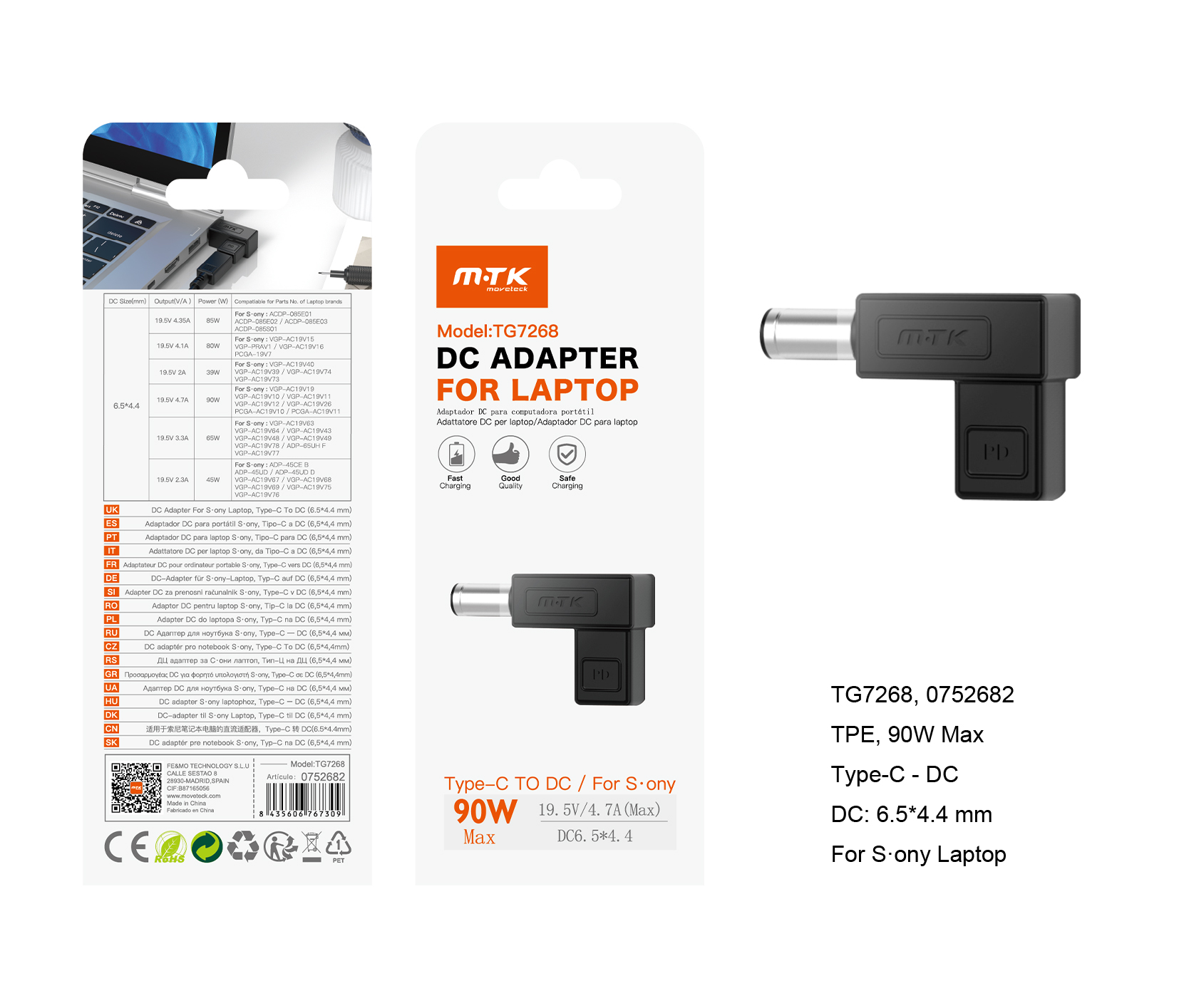 TG7268 NE Adaptador DC 6.5*4.4mm a Type-C (19.5V/4.7A/90W Max) para ordenador Portatil Sony, Negro