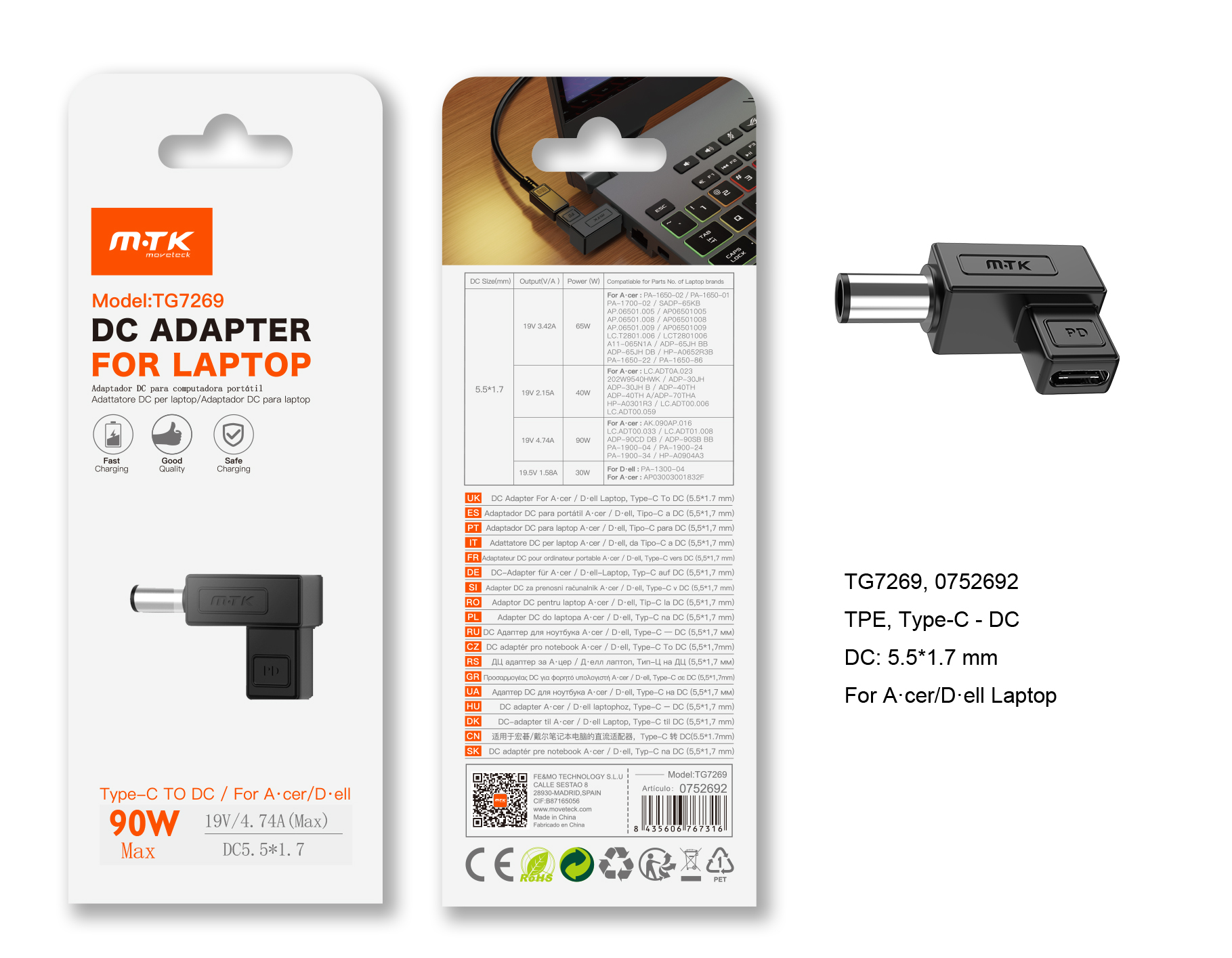 TG7269 NE Adaptador DC 5.5*1.7mm a Type-C (90W Max) para ordenador Portatil Acer/Dell