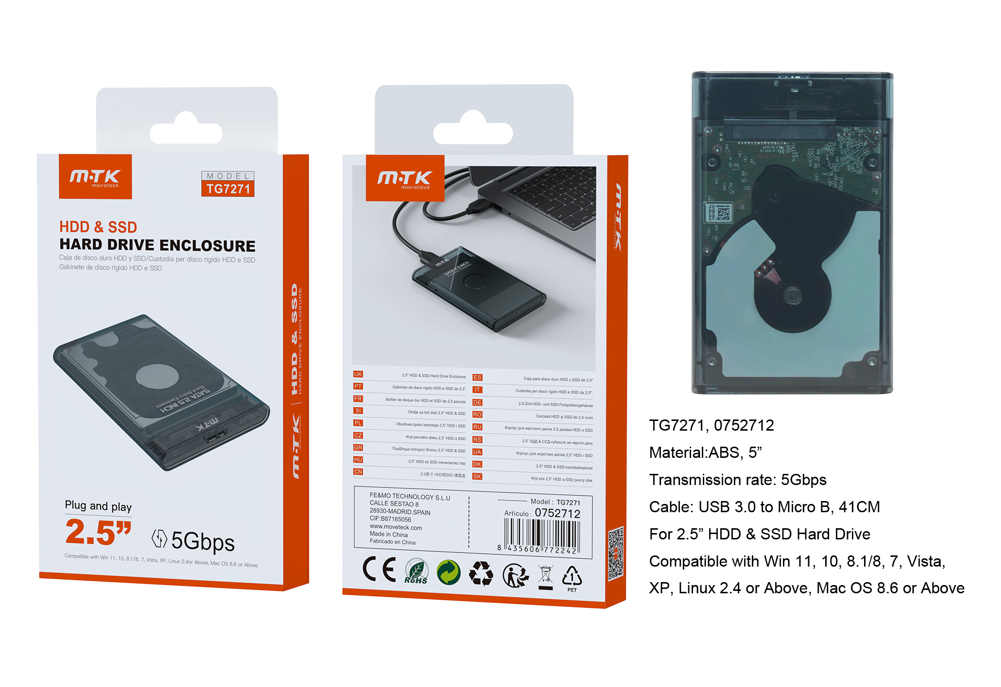 TG7271 NE Carcasa de Disco duro SSD / HDD 2.5pulgadas, 5Gbps, Negro