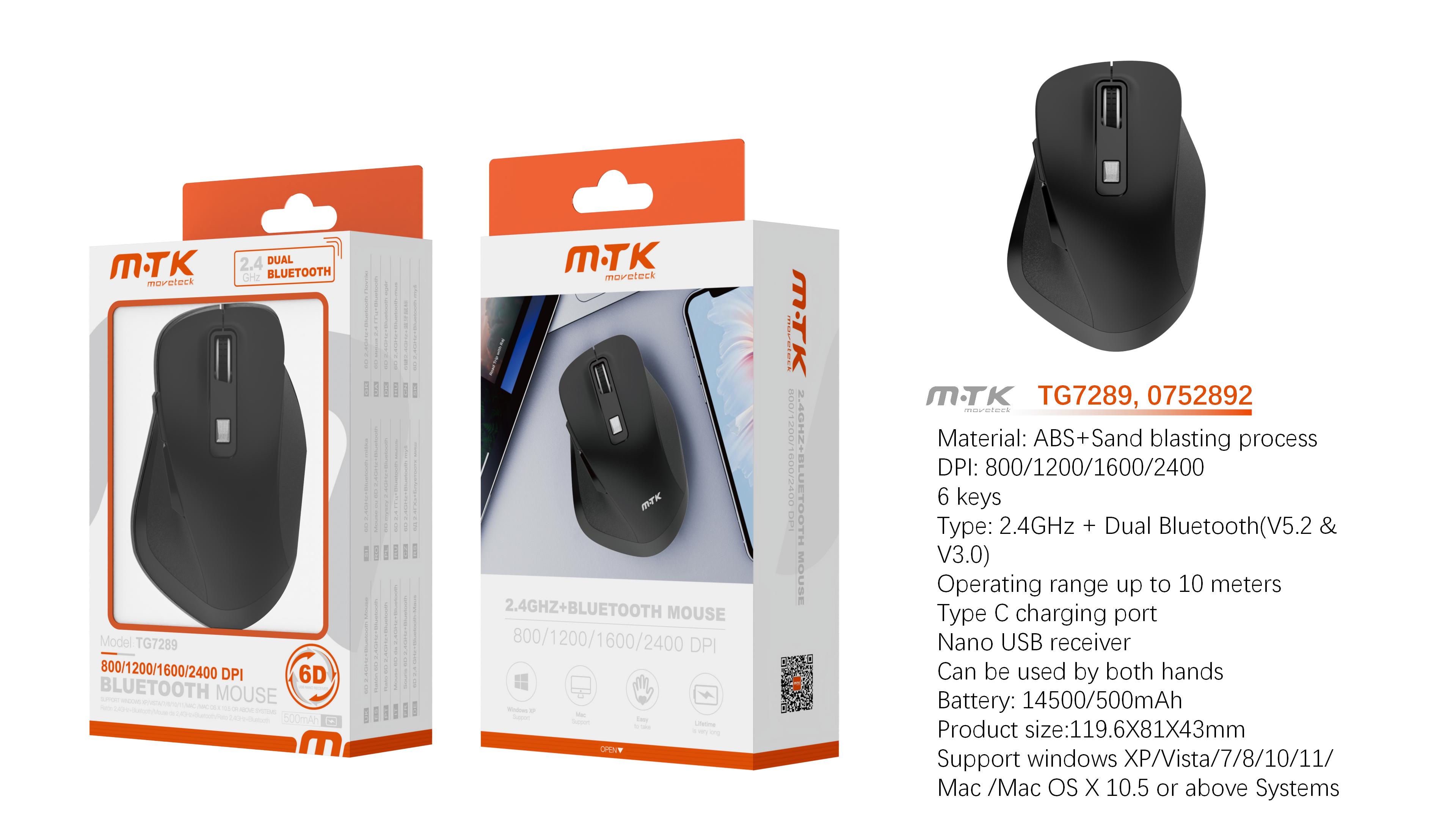 TG7289 NE Luxury Raton Silencioso diseño ergonomico 6D, 2.4GHz+dual bluetooth, 800-2400 DPI, Bateria Recargable 500 mAh, cable Type C, Negro