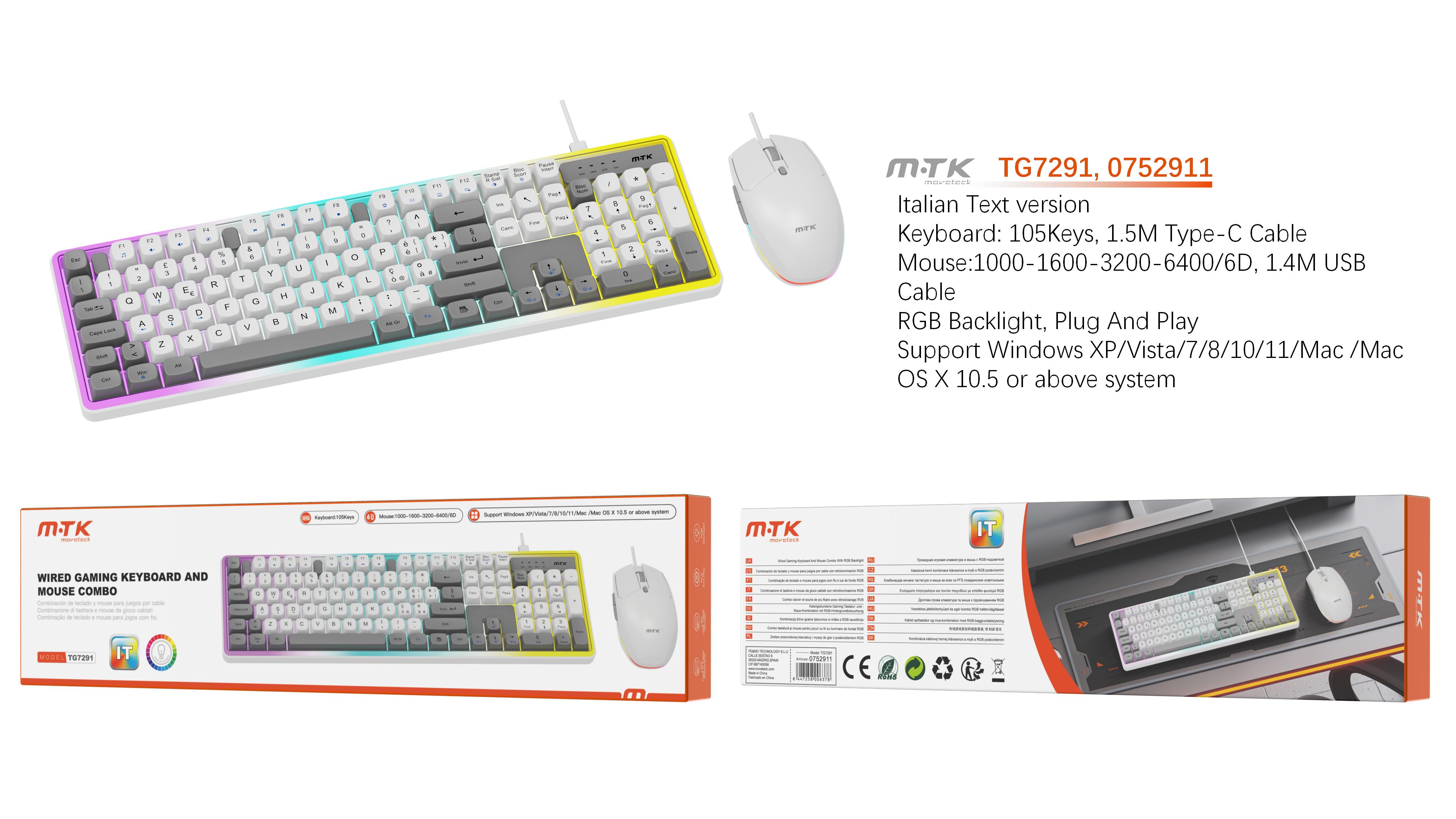 TG7290 Luxury Combo Gaming teclado Type-C  Italiano 105 Keys y raton 6D USB con luz RGB ambiente, 1.5M, Blanco+Gris