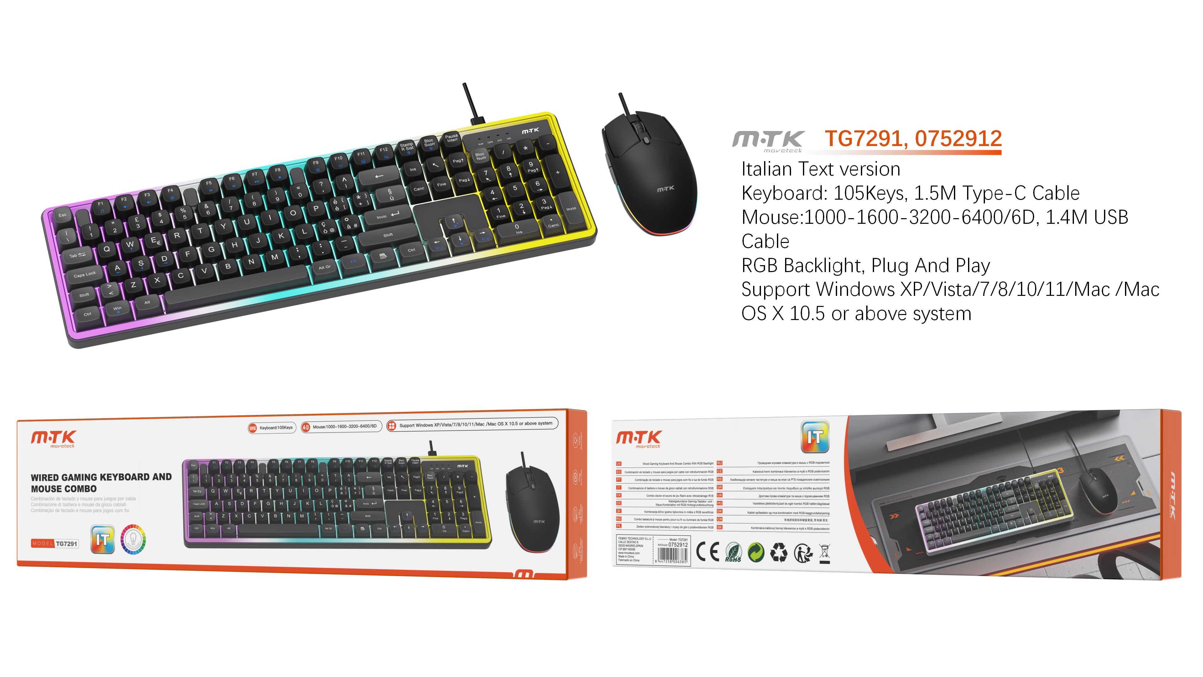 TG7290 Luxury Combo Gaming teclado Type-C  Italiano 105 Keys y raton 6D USB con luz RGB ambiente, 1.5M, Negro+Gris