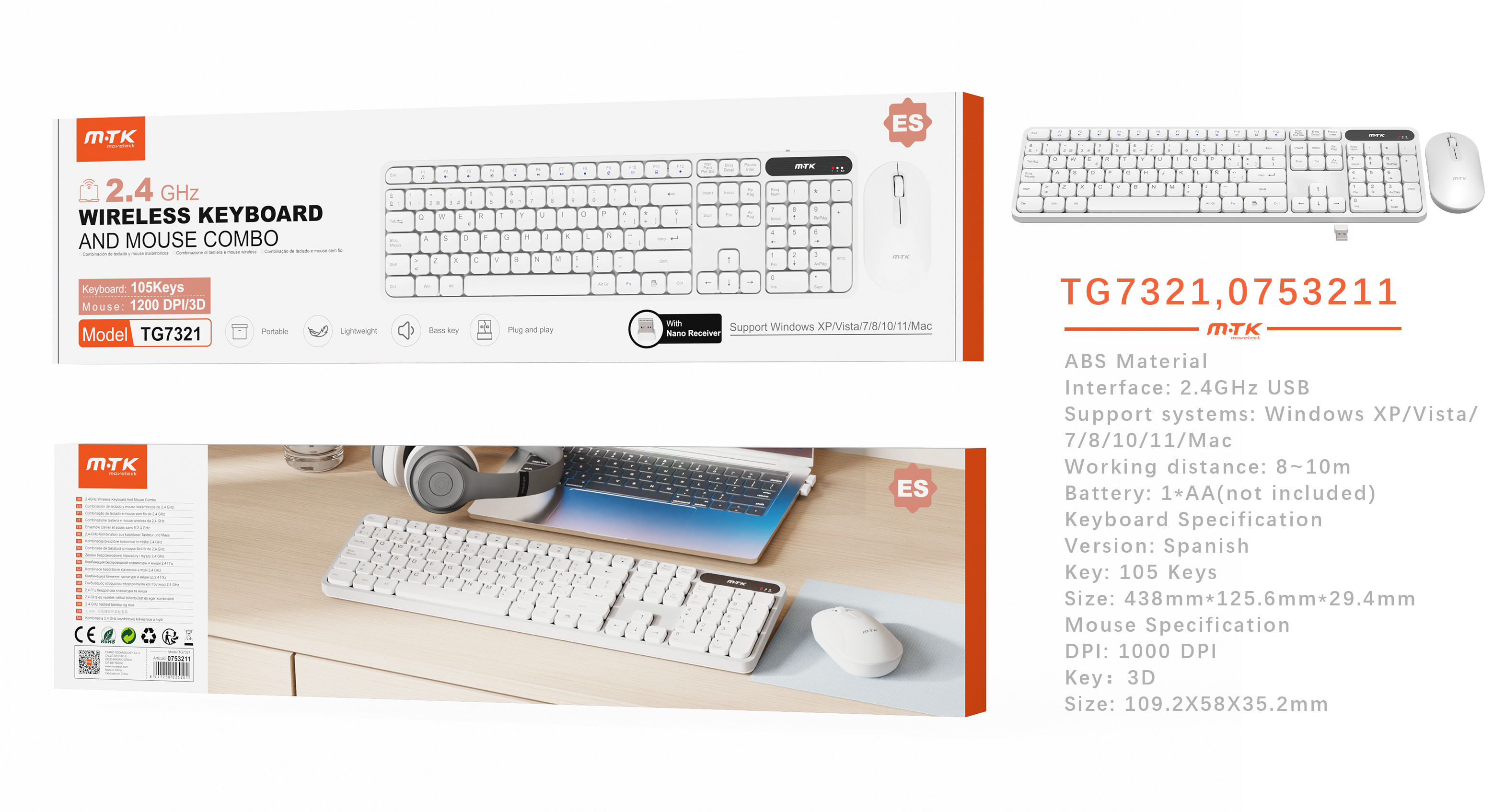 TG7321 BL Combo de teclado Espanol 105 keys y raton 3D 1200 DPI, Nano USB, Blanco