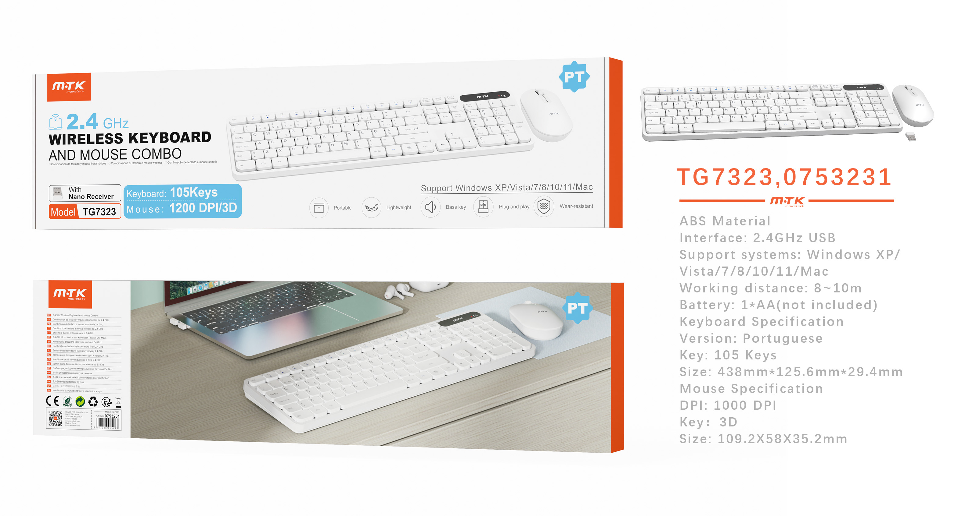 TG7323 BL Combo de teclado Portugues 105 keys y raton 3D 1200 DPI, Nano USB, Blanco