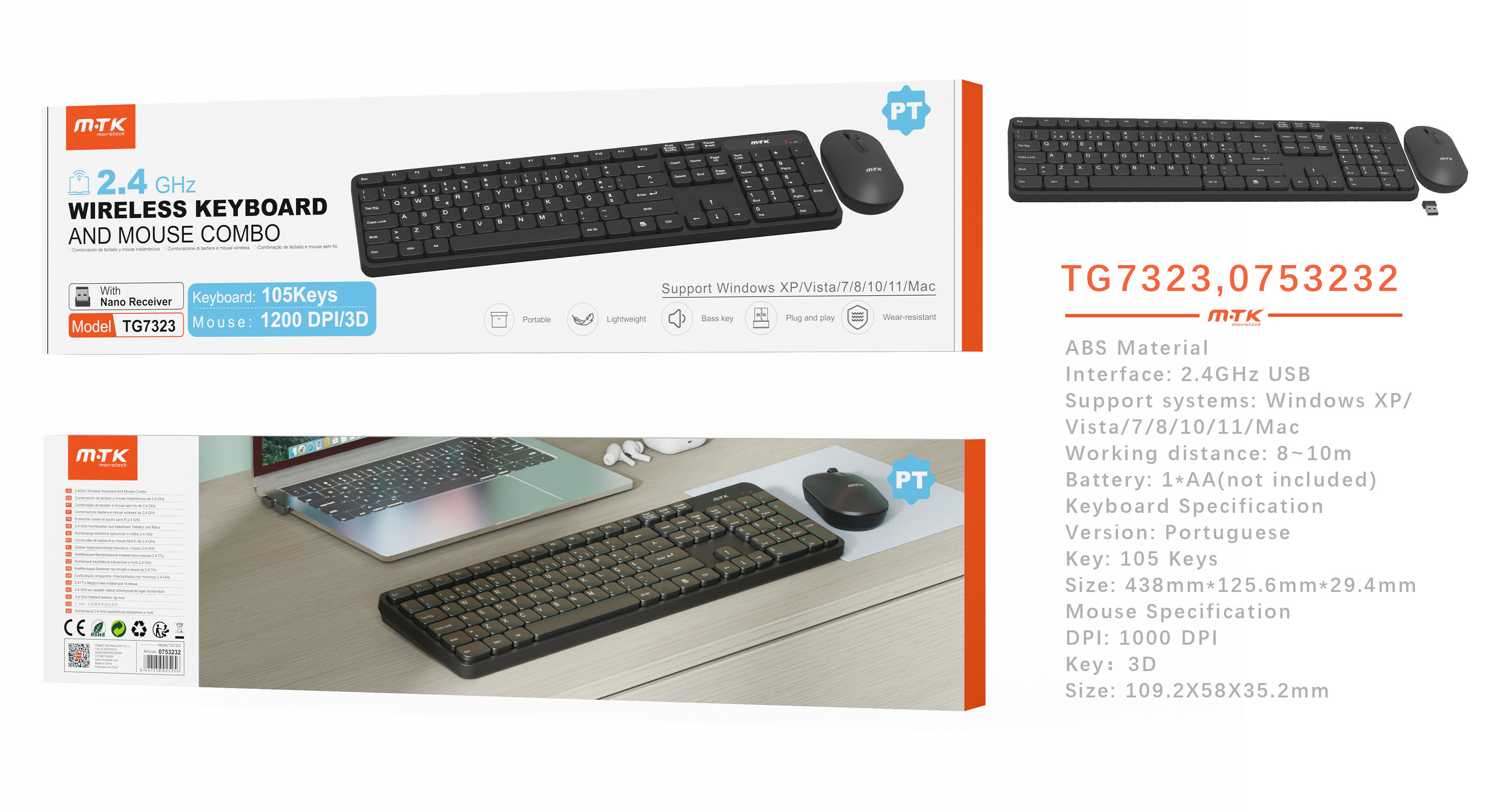 TG7323 NE Combo de teclado Portugues 105 keys y raton 3D 1200 DPI, Nano USB, Negro