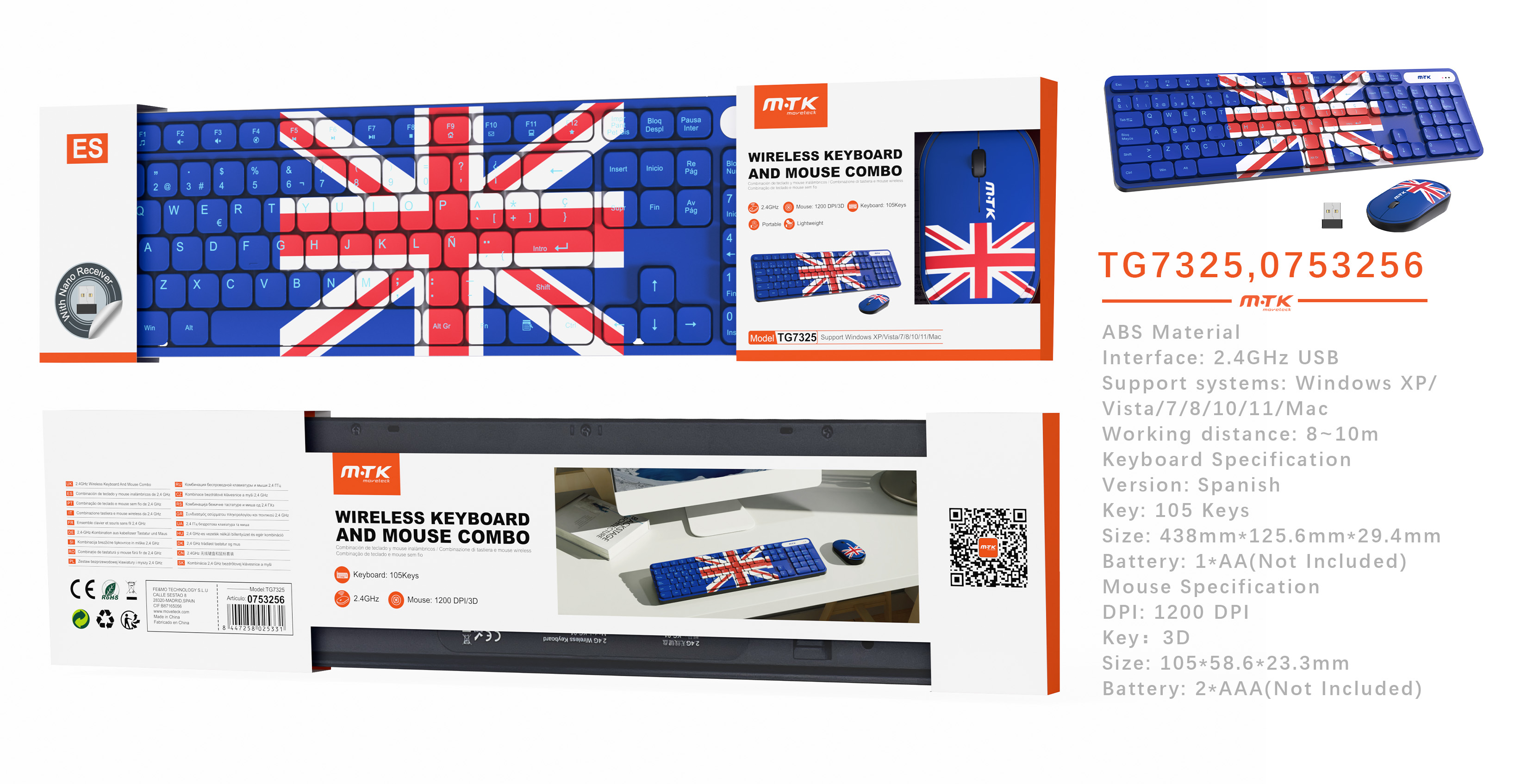 TG7325 BL Combo de teclado Espanol con diseno futbolistico UK , 105 keys y raton 3D 1200 DPI, Nano U